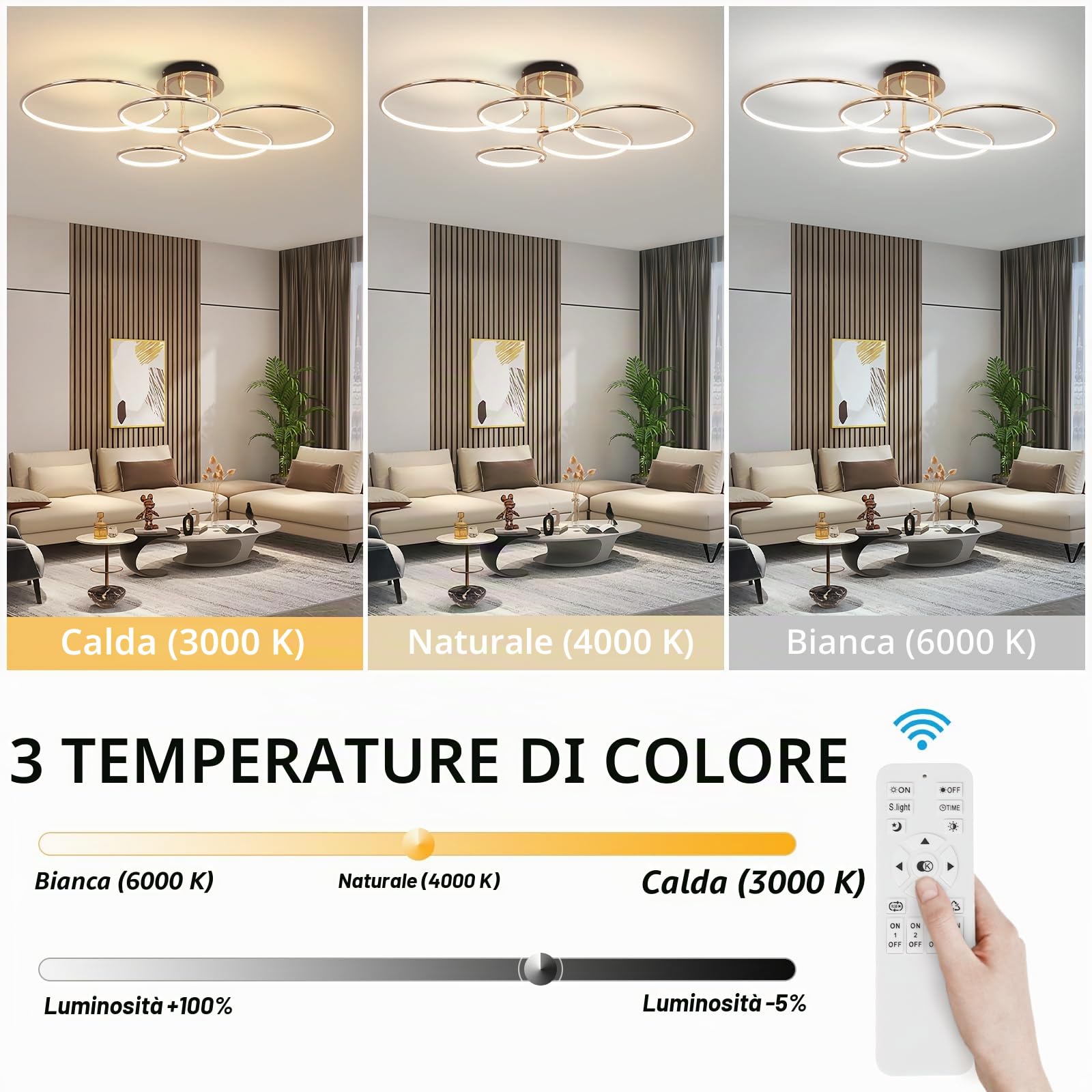 Lampada da soffitto a LED dal design moderno, con 5 anelli, dimmerabile, per soggiorno, camera da letto, cucina, sala da pranzo, ufficio, 93 cm, 108 W