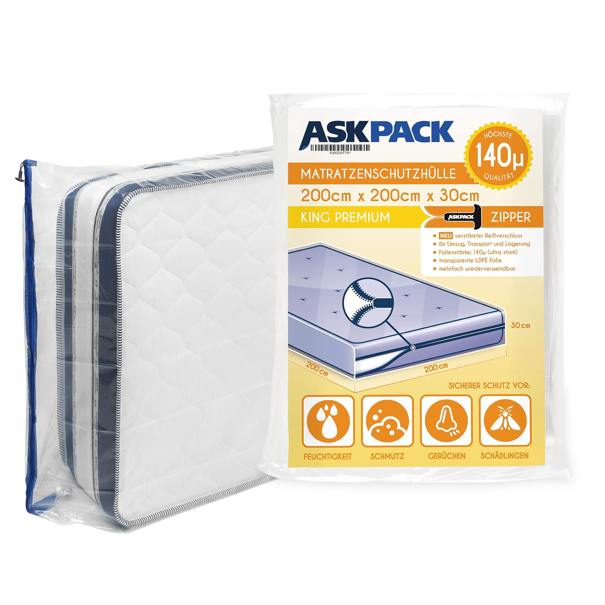 Ask Pack Mattress Bags For Moving And Storage With Zipper - 5.5 Mil Heavy Duty Material - Size Xs-Xxl, Waterproof Mattress Cover, Tearproof - Reusable Mattress Protector Transport Bags - 200X200 Cm