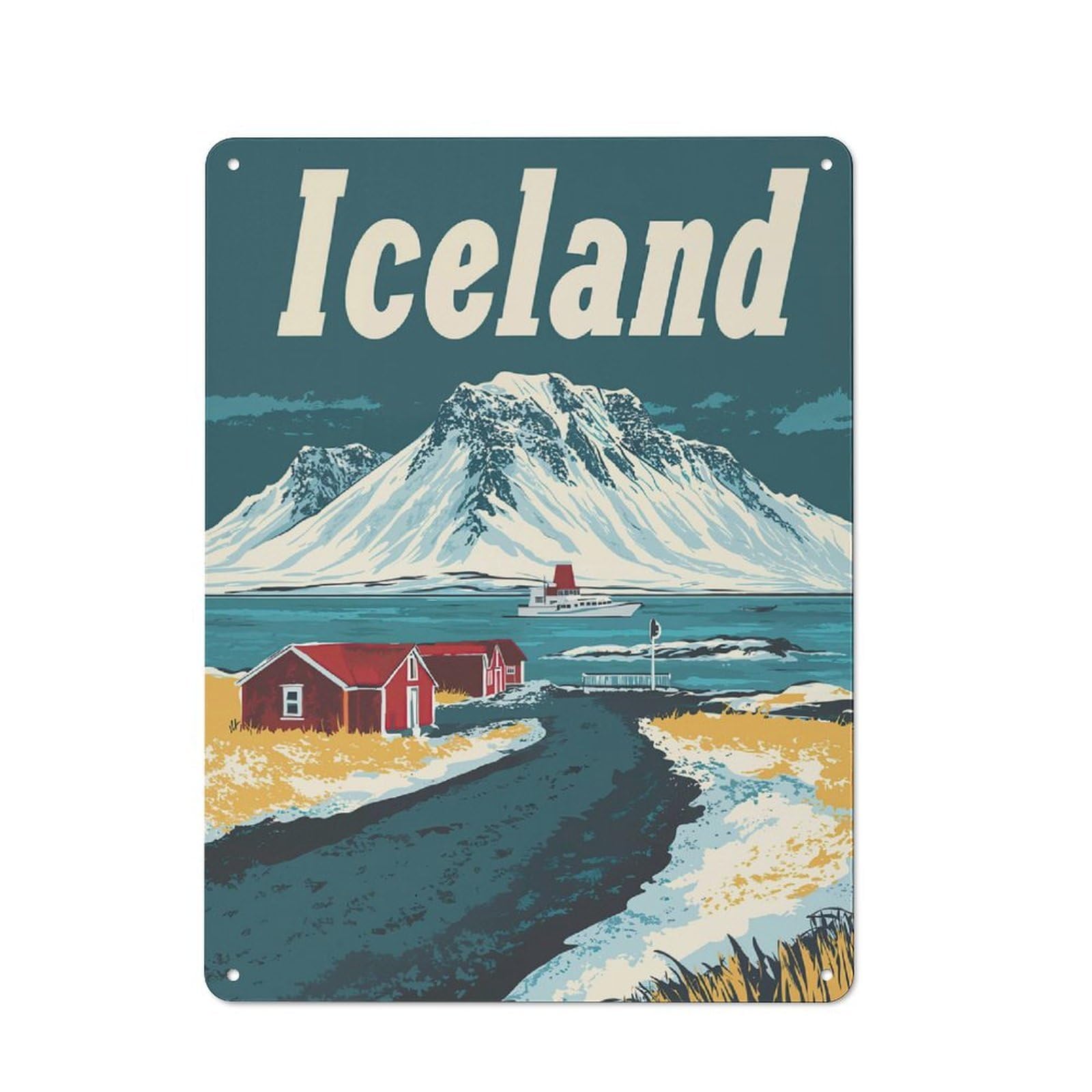 Tin Wall Sign with Iceland Travel Design 40x30cm, Cosy Cafe Wall Decor for Kitchen, Cafe, Pantry Or Dining Room