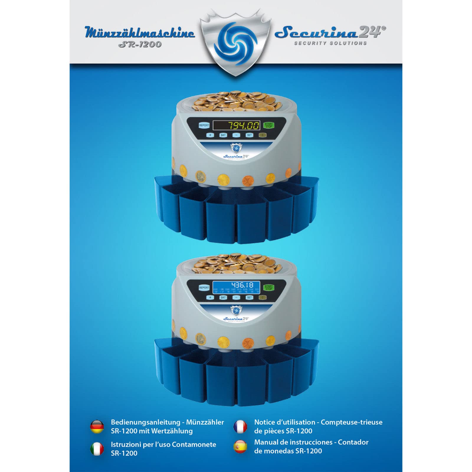 Securina24 Münzzähler & -sortierer Geldzählmaschine Euro Münzen SR1200LC RGB