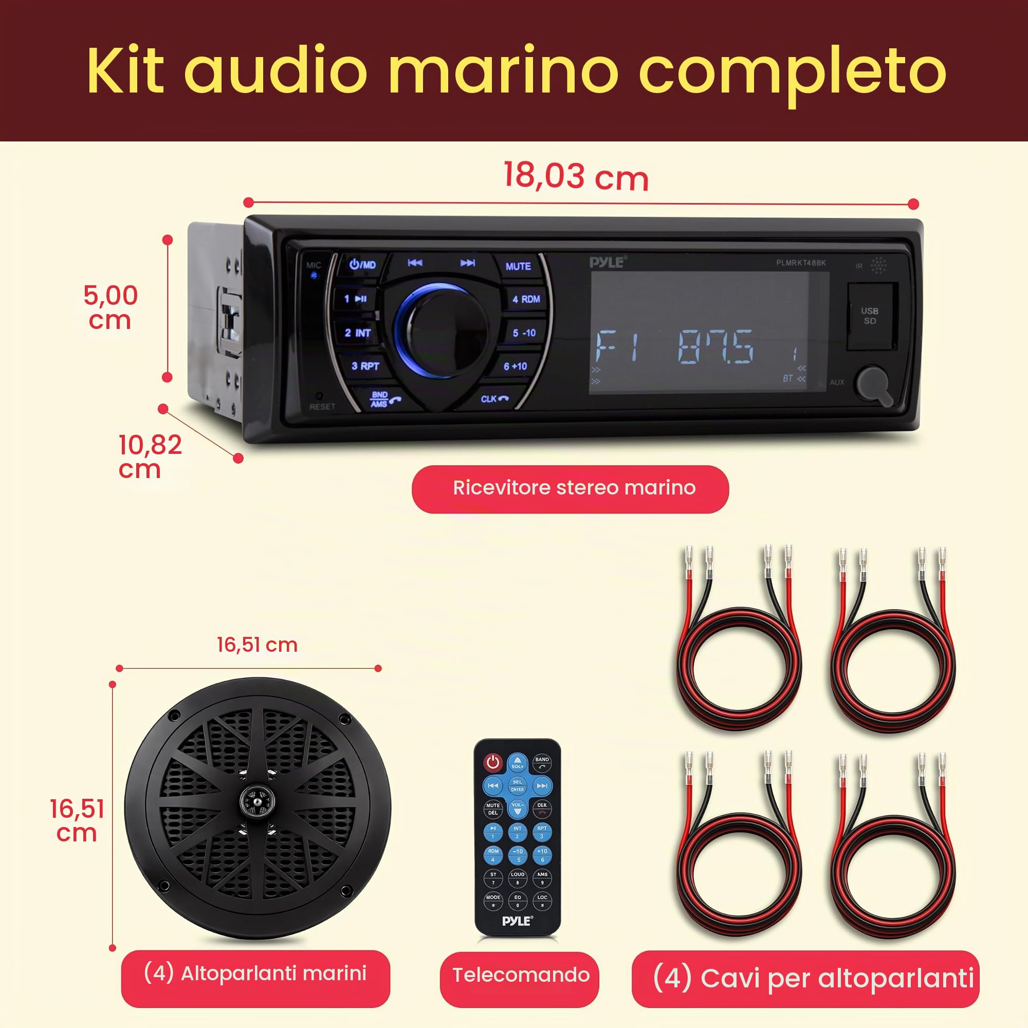 Pyle Autoradio Bluetooth, Stereo Nautico per Yacht e Accessori Barca con Radio AM/FM, Lettore MP3/SD, Display LCD e Microfono, Kit con 4 Altoparlanti Impermeabili 16,5 Cm, Casse Audio Speaker