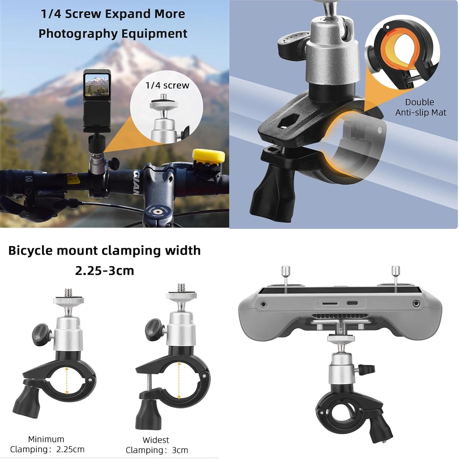 Mini 5 Pro RC2 Remote Bicycle Handlebar Mount Holder Clamp for DJI RC 2 / RC Control for DJI Avata 360 MINI 5 PRO Air 3S Flip Mini 4 3 Pro Mavic 4 3 PRO Drone, Bike Riding Follow-up Shooting