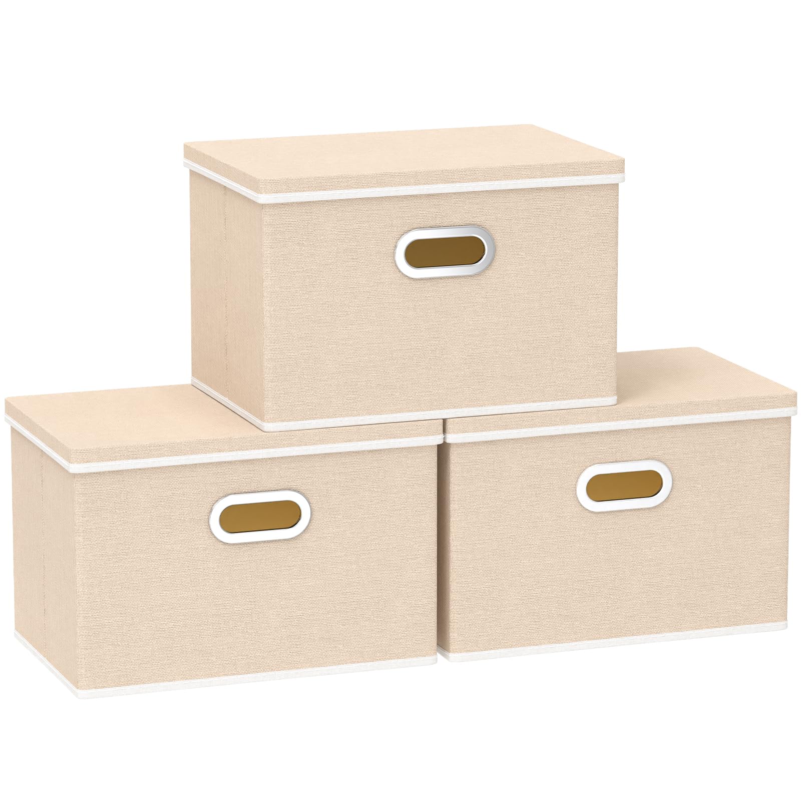 Yawinhe Scatole Portaoggetti con Coperchi, Set di 3 Lavabile, Stoccaggio in Tessuto con Manici, Contenitore per Armadio, per Conservare Vestiti, 45x30x30cm, Beige