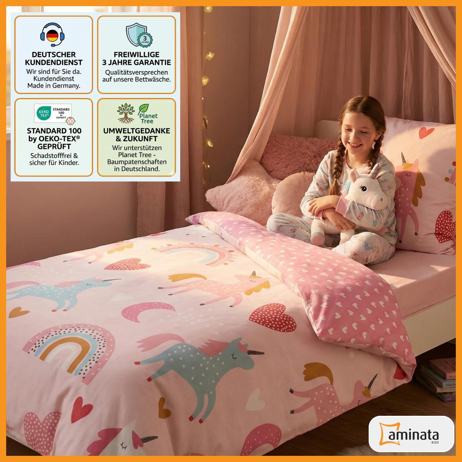 Aminata kids Biber Bettwäsche 135x200 Kinder Einhorn-Motiv Mädchen 100% Baumwolle, Reißverschluss, Kinder-Wende-Bettwäsche-Set Unicorn, warm & kuschelig, rosa pink