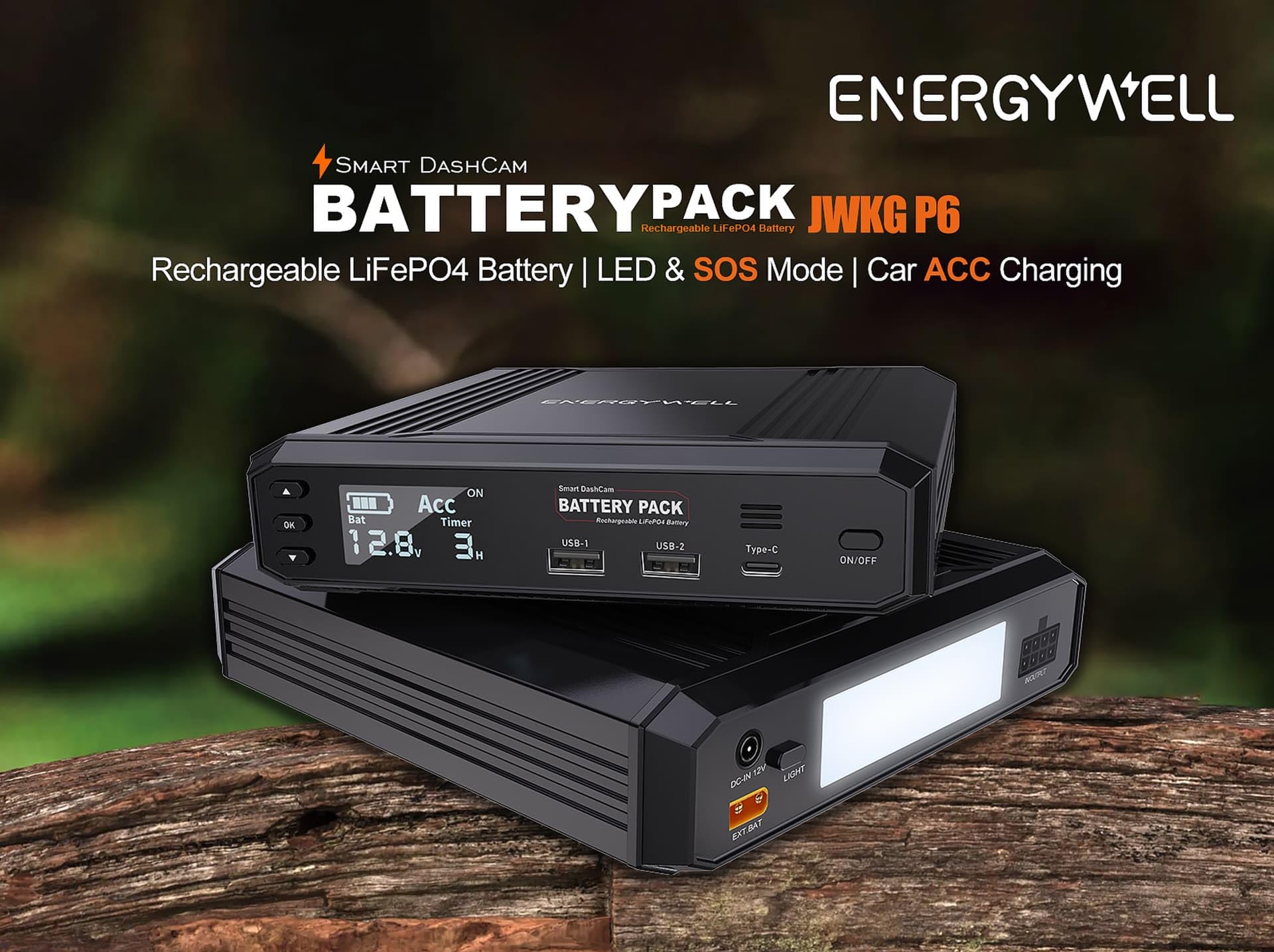 Batteria esterna EnergyWell P6 8000 mAh Dashcam USB x 2 USB C LCD Screen