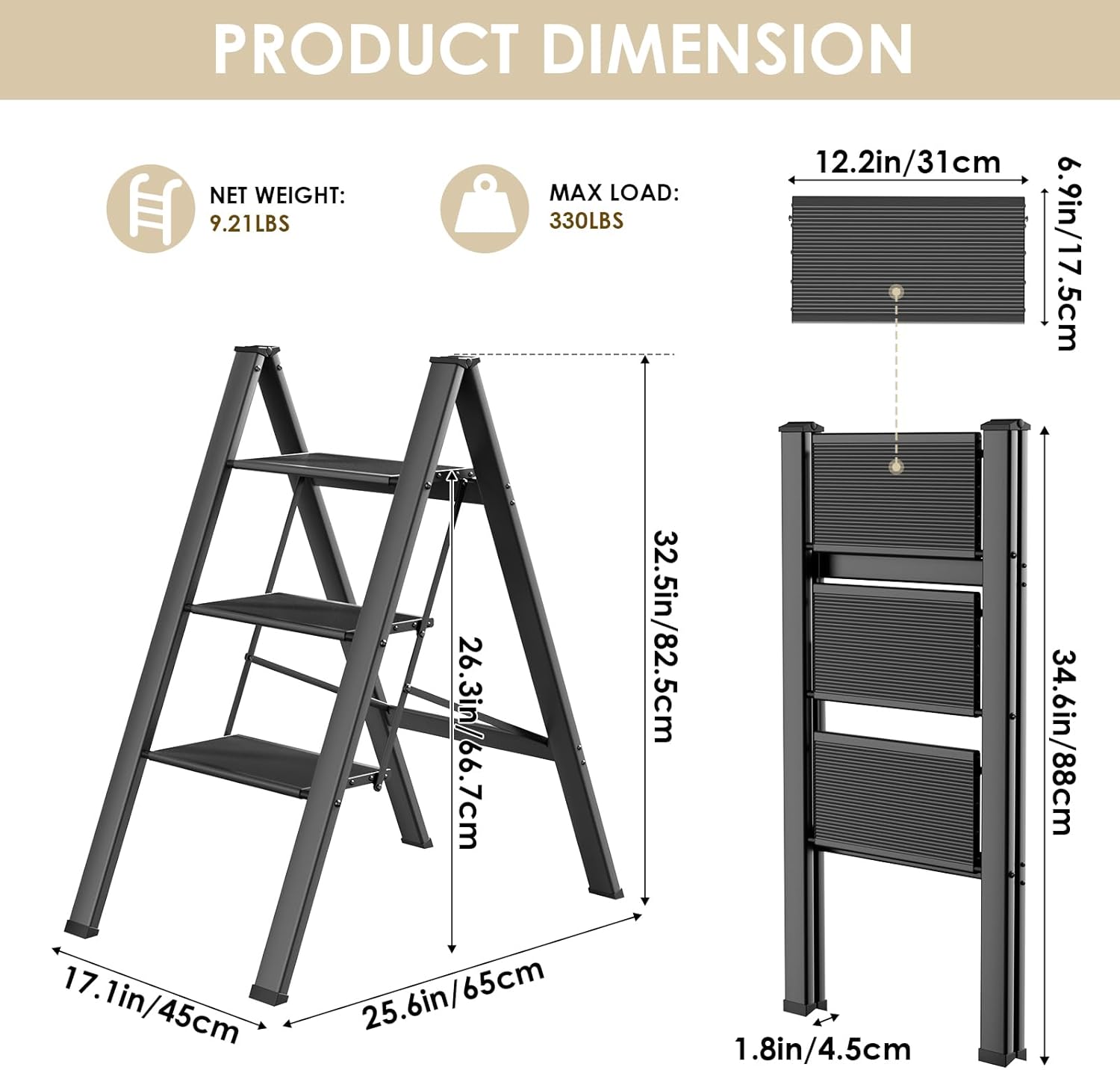 TLGREEN 3 Step Ladder, Aluminum Step Ladder 3 Step Folding with Anti-Slip Pedal, 330LBS Capacity Folding Step Ladder, Lightweight Stepladder for Kitchen, Office, Home, Garage (Black)