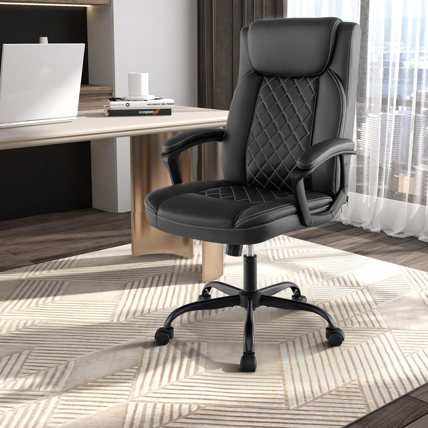Giantex Executive Office Chair, Leather Like Desk Chair with Thick Headrest Cushion & Padded Armrests, Ergonomic Home Office Chair, 360° Swivel High Back Computer Chair for Working Study, Black