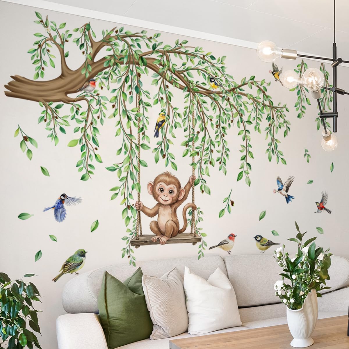Large Tree Branch Wall Decal Green Leaf Vine Monkey DIY Home Decor Sticker