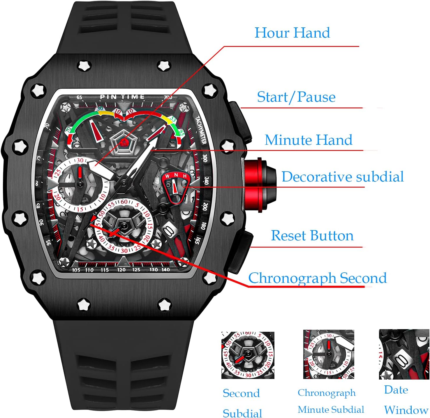 PINTIME Fashion Mens Watch Hallow Punk Chronograph Sports Wristwatch Luxury Designer Mens Watch
