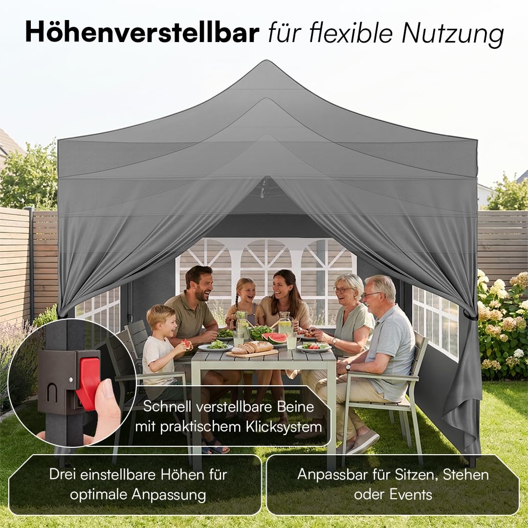 STEELSØN Rynara Pavillon 3x3 m – Faltpavillon mit 4 Seitenteilen – hochwertiger Gartenpavillon inkl. Tragetasche mit Rädern & 3-Fach höhenverstellbar – extrem stabil & UV-/wetterfest - grau
