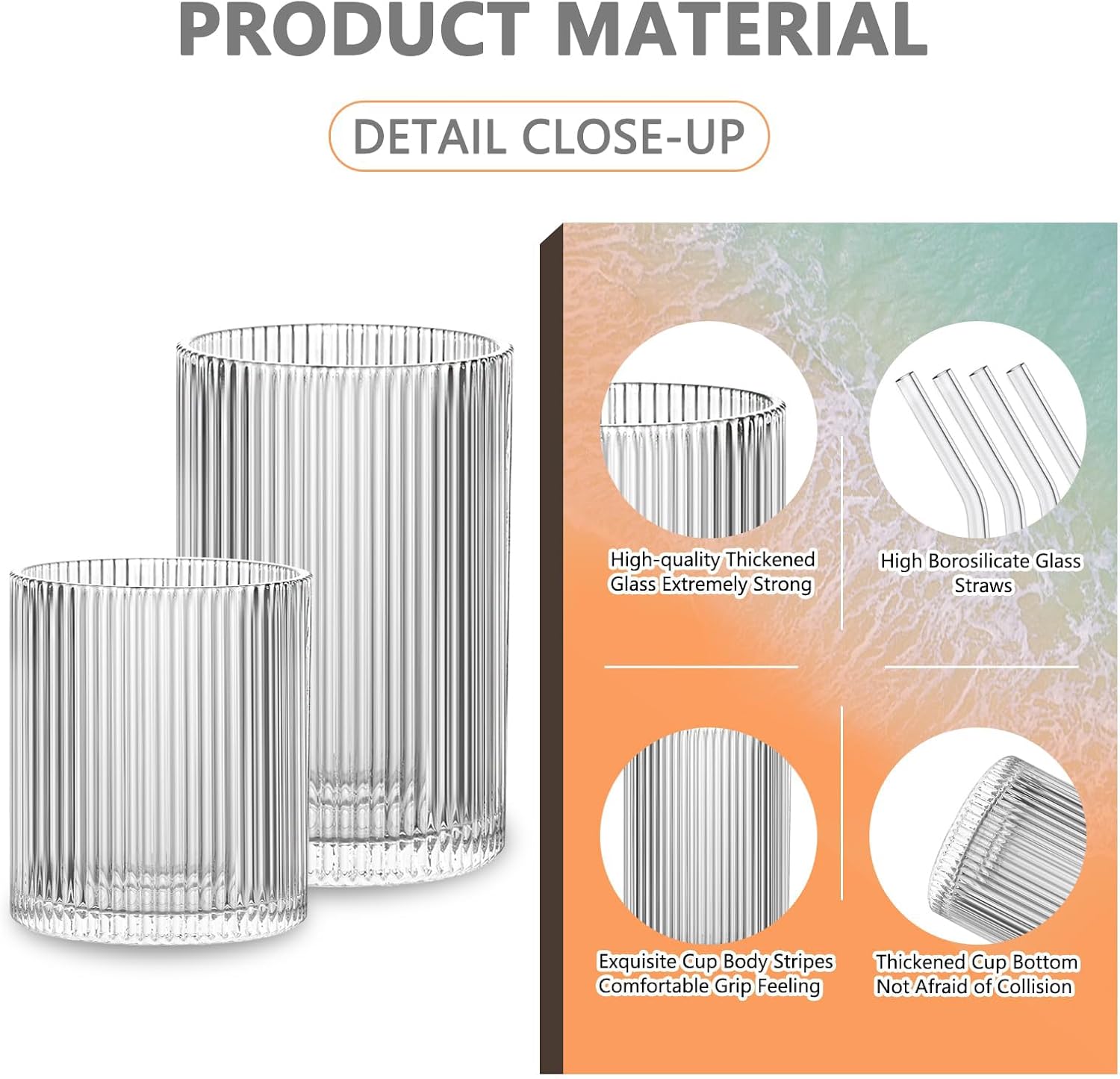 INSETLAN Set of 8 Ribbed Glassware - 4 Large Glasses 17 oz, 4 Rocks Glass Cups 10 oz, Vintage Glassware Cocktail Glasses, Ideal for Beer, Juice, Water, Ice Coffee Cup, Whiskey, Mixed Drinkware - Image 7