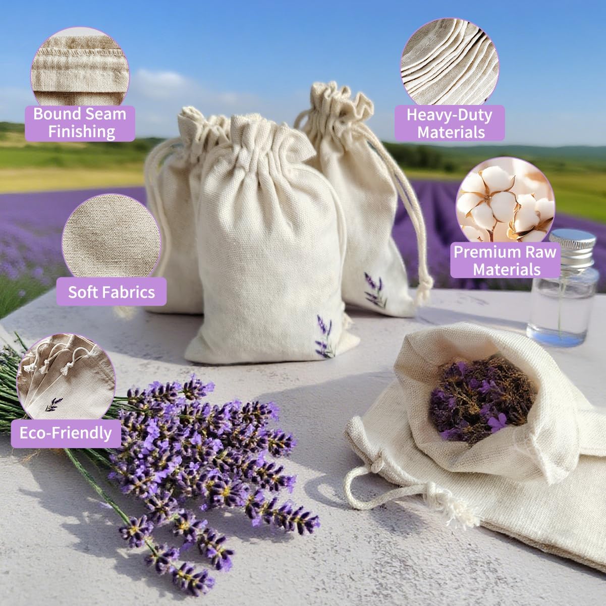 Daclubmenxy 20 PCS Lavender Bags, lavender sachets, Sachet Empty Bag, Drawer Sachets, with Drawstring Cotton Pouch for Filling Spice Jewellery Wedding Clothes Storage (White) - Image 2