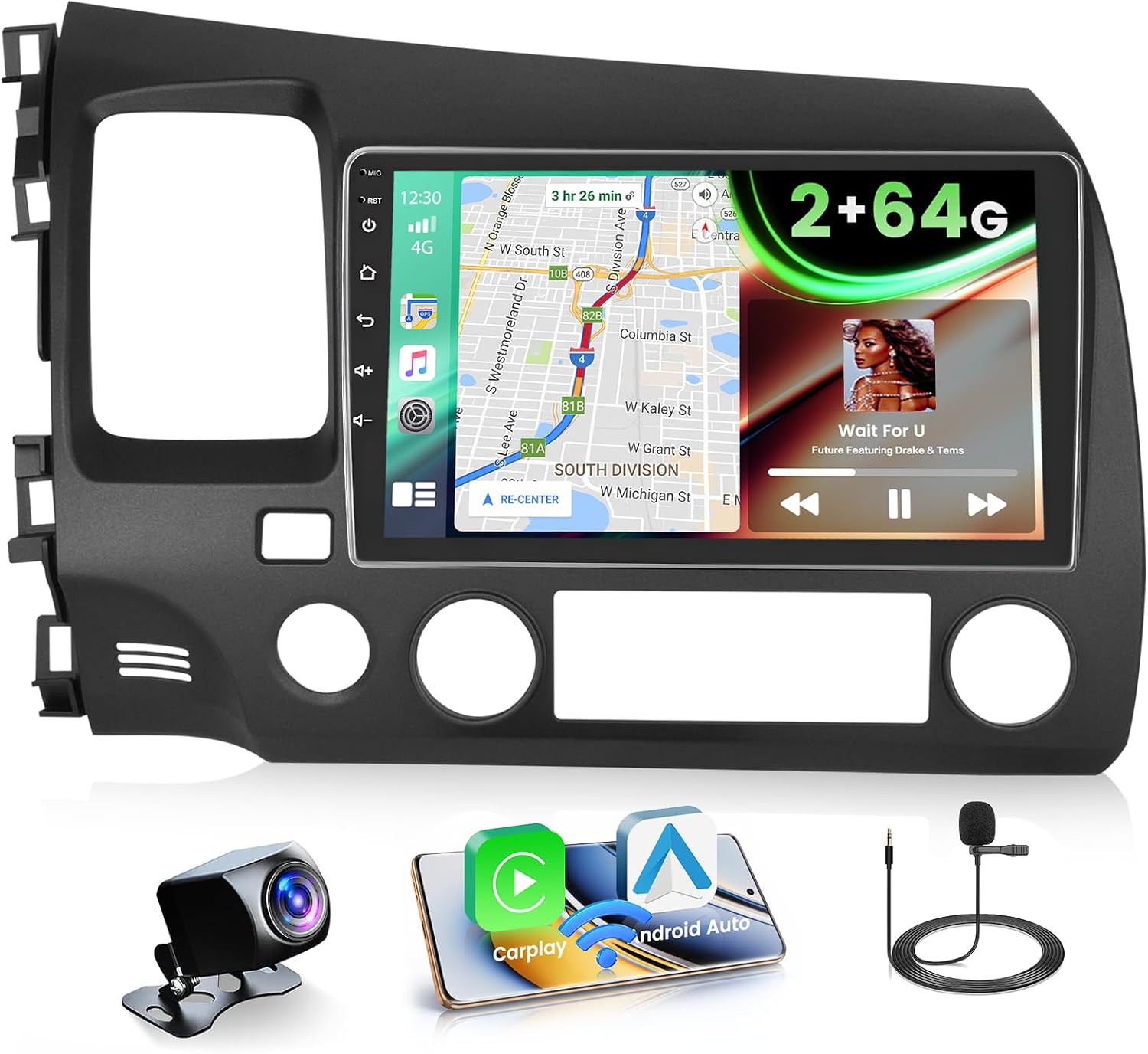 2+64GB Android 15 Car Radio for Honda Civic 2006-2011 Wireless Carplay Android Auto, 9" Touch Screen Car Stereo GPS Navi, WiFi, Bluetooth, Backup Camera, FM RDS Radio, EQ DSP, SWC