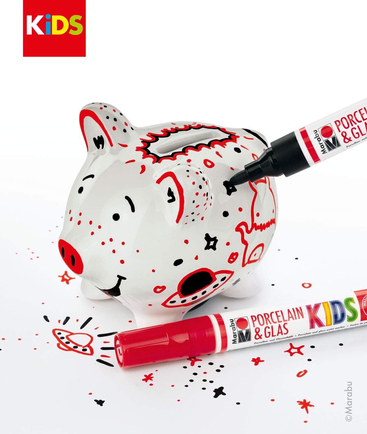 Marabu 0125000000100 – KiDS Painter, zestaw do malowania i malowania skarbonki, zabawna świnka porcelanowa do malowania i ozdabiania pisakami porcelanowymi dla dzieci