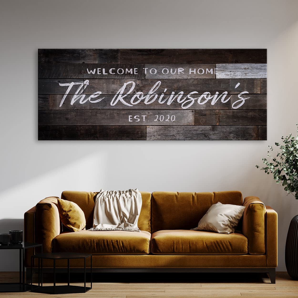 Cartel personalizado de madera más oscuro con nombre de la familia de bienvenida al hogar, lienzo con apellido establecido, decoración del hogar, póster de pared, pintura XL 60 x 24 pulgadas, lienzo