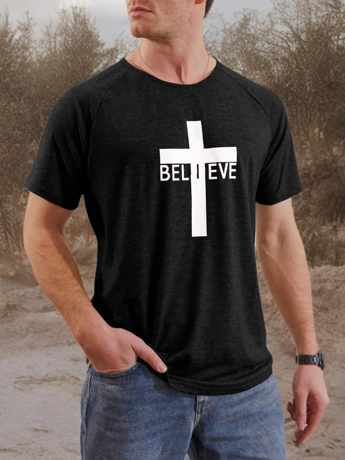 Men's Short Sleeve Crewneck Graphic Tee Believe Cross Print Christian Shirts Workout Shirts - Image 5
