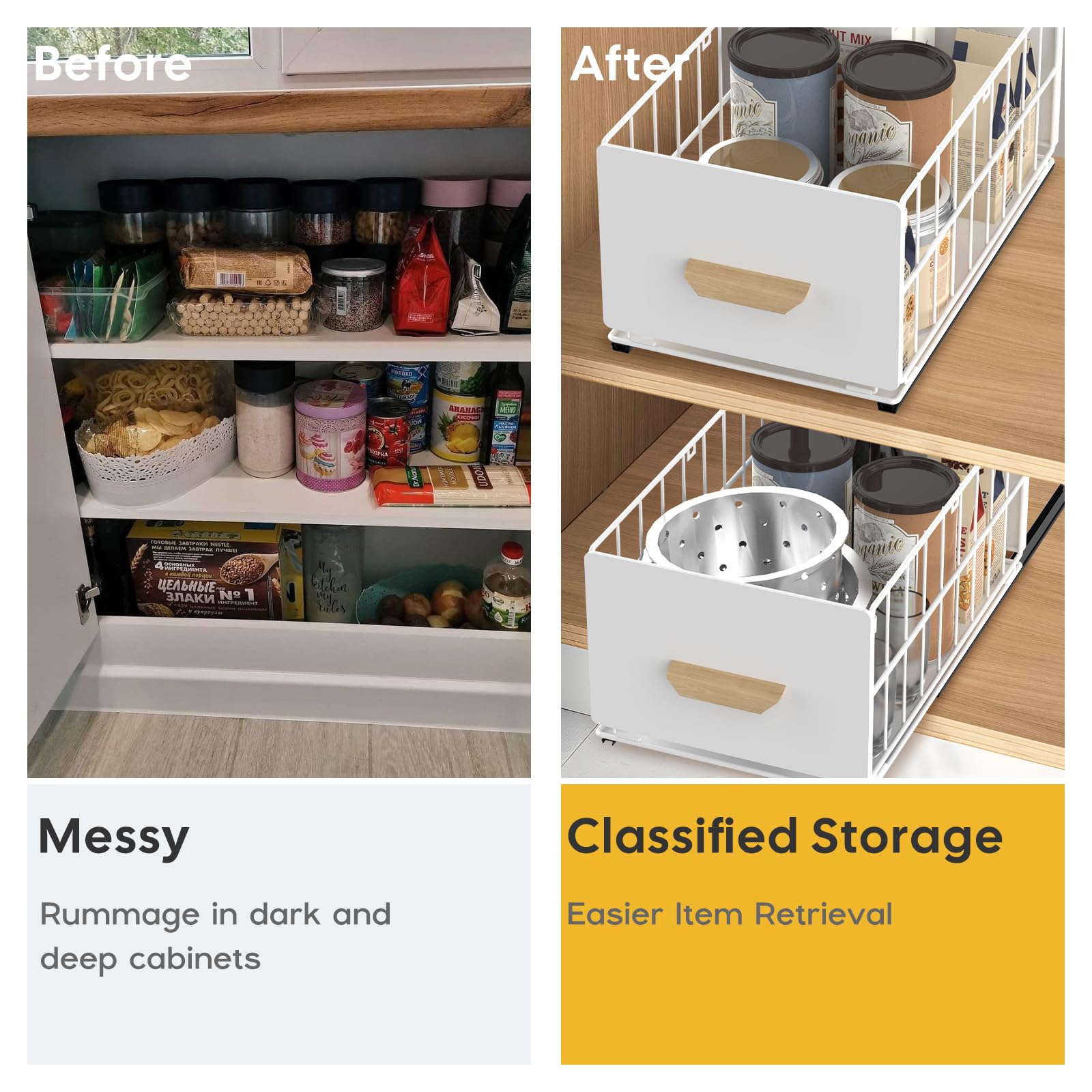 Pull Out Cabinet Organizer Heavy Duty Slide Out Drawers Cabinet Basket No Drilling Metal Storage Basket with Handle for Kitchen Bathroom Cloakroom