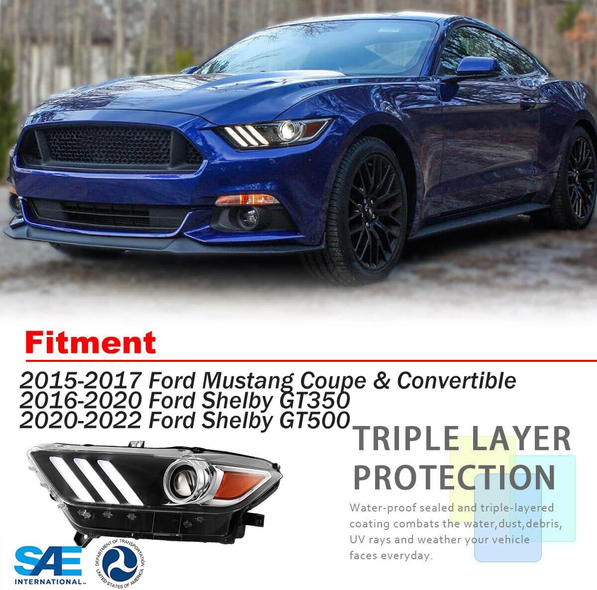 ROXX Projector Headlight Assembly w/LED DRL Fit for 2015-2017 Ford Mustang Coupe & Convertible / 2016-2020 Ford Shelby GB350 2020-2022 GB500 OE Style Headlamp Driver Left Side Replacement