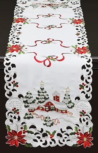 Miniatura 2 de Creative Linens Camino de mesa navideño de 15 x 52 pulgadas, bordado de flor de pascua roja, árbol de Navidad, nevado, cabaña, bufanda, color blanco
