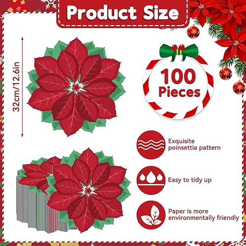 Miniatura 2 de Sliner 100 Pieces Christmas Poinsettia Paper Placemats 12.6 Inch Christmas Red Poinsettia Flower Leaves Winter Disposable Table Mat for Holiday Xmas