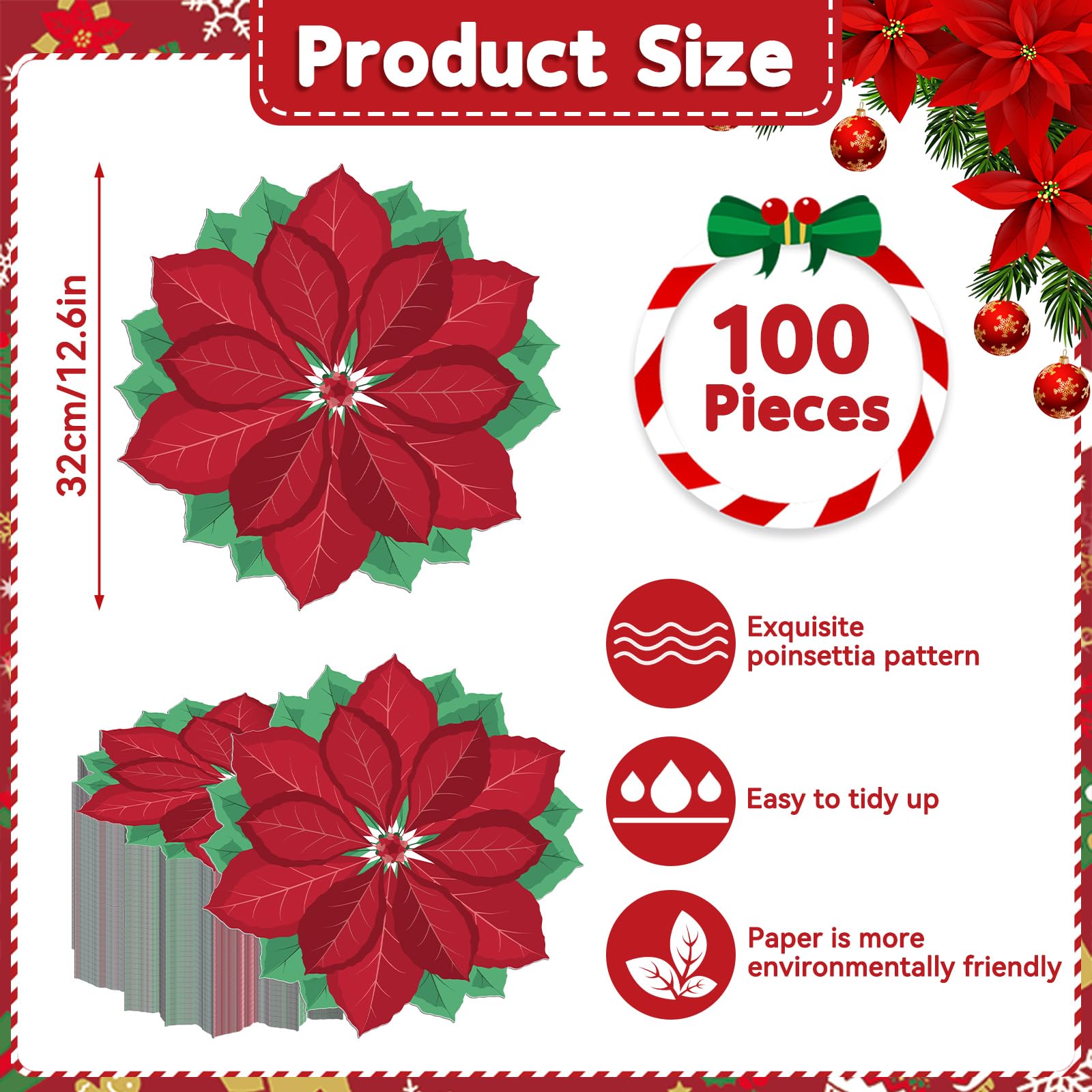 Sliner 100 manteles individuales de papel de Pascua de Navidad de 12.6 pulgadas, hojas de flor de Pascua rojas de Navidad, manteles individuales desechables para vacaciones, Navidad, cena