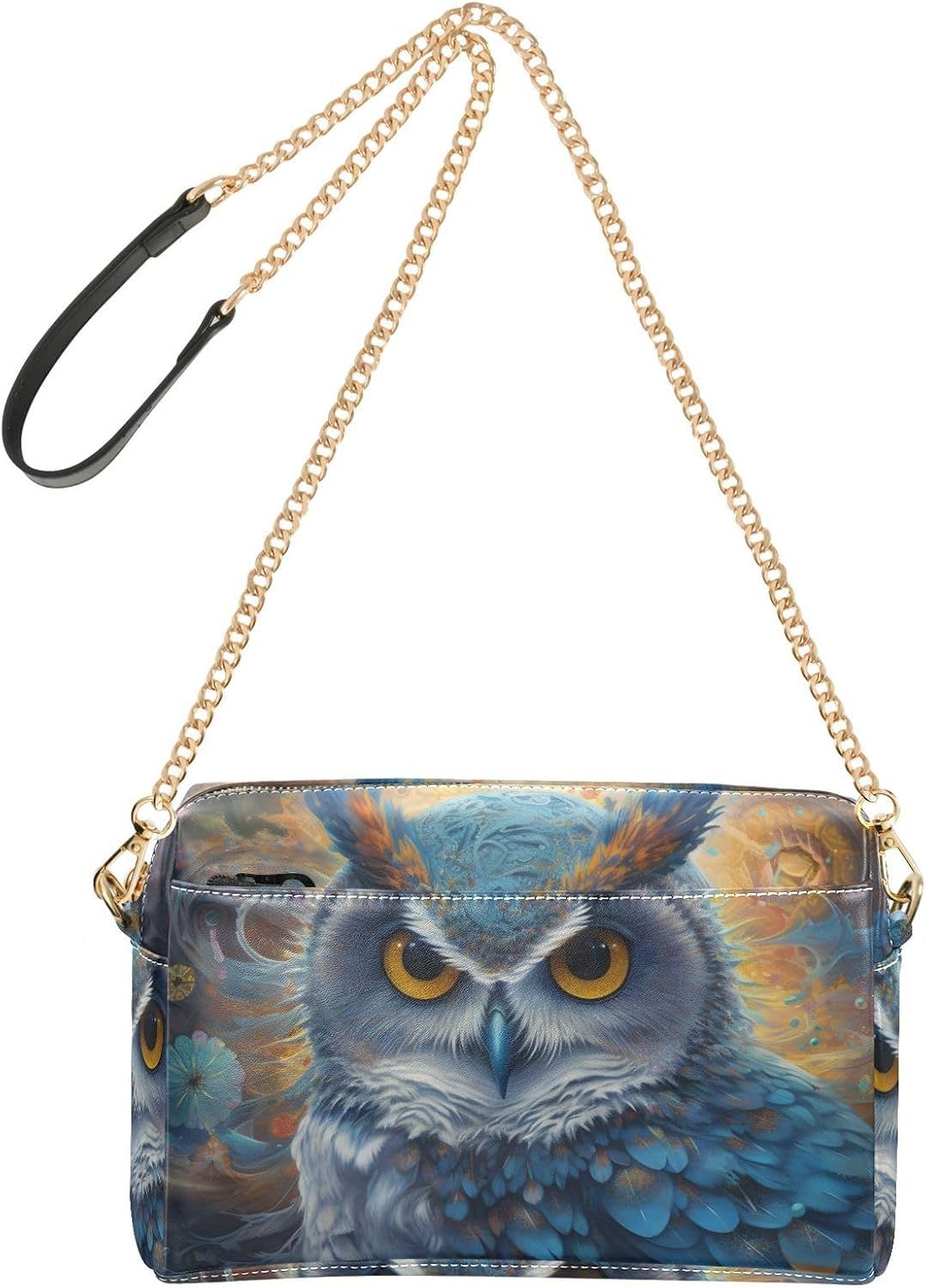 Women Crossbody Bag Shoulder Handbag Cellphone Purse Blue Mystical Owl Print, PU Leather Metal Chain Strap Water Resistant Zipper Closure
