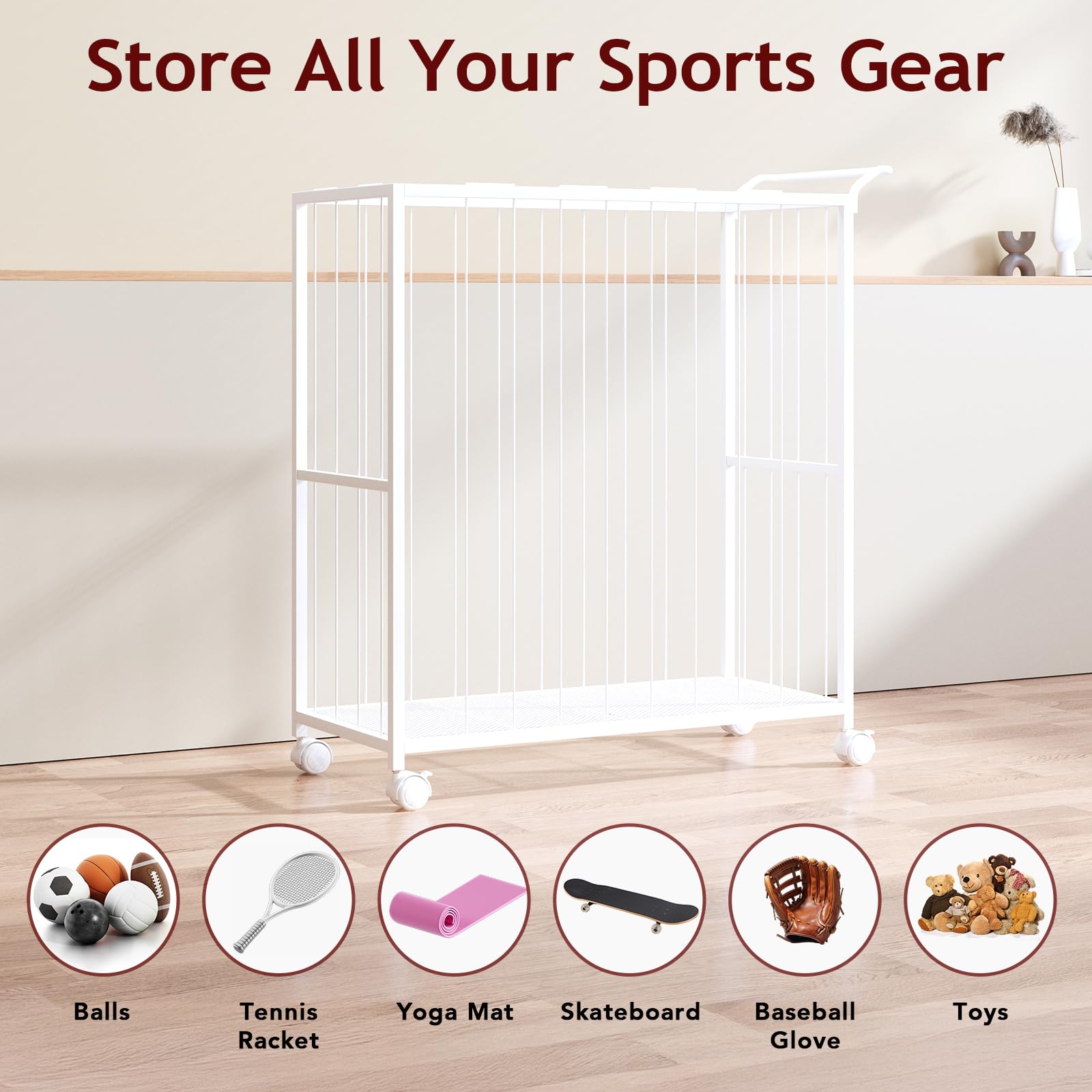 Homsorout Cesta de almacenamiento de bolas, carrito deportivo organizador de metal para garaje y gimnasio