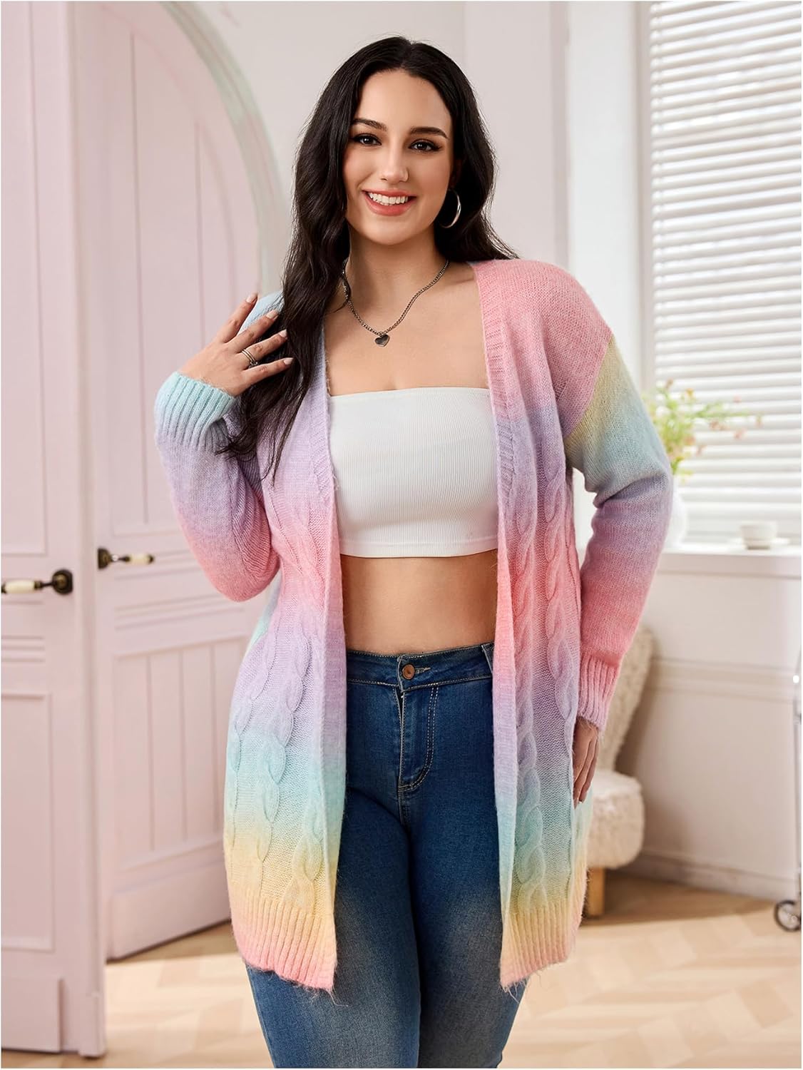MakeMeChic Women's Plus Size Rainbow Colorful Cardigans Open Front Long Sleeve Knit Cardigan Sweater - Image 6