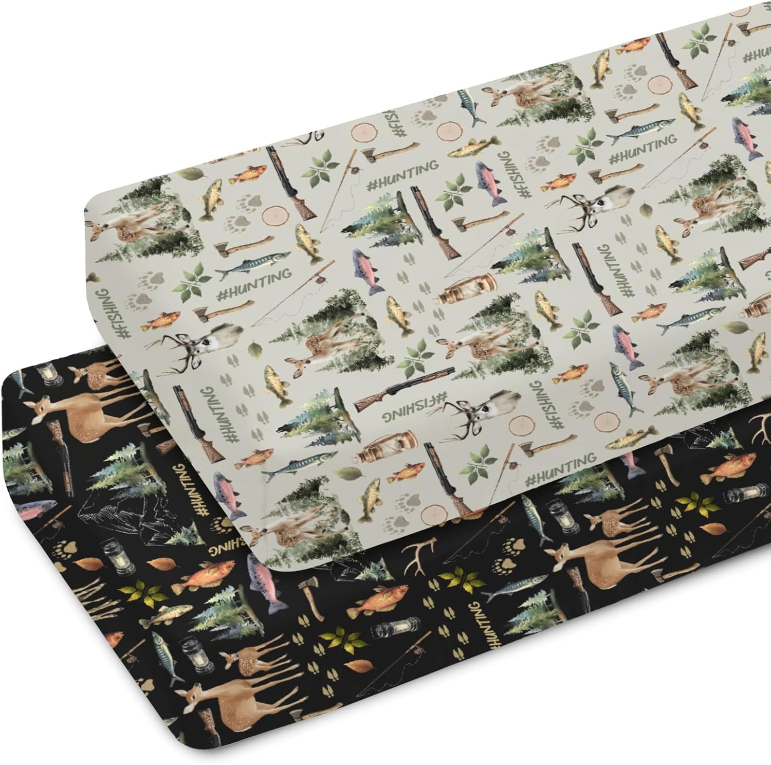Vintage Fishing Hunting Life Baby Crib Sheets for Boy Girl 52x28 Bass Fish Deer Paws Green Forest Soft Snug Fitted Crib Mattress Cover Nature Baby Sheet for Standard Crib & Toddler Mattress 2 Pack