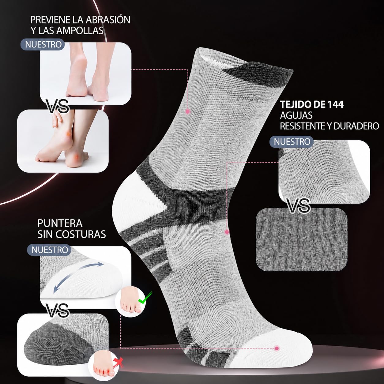 Niofind Calcetines Hombre, 6 Pares Calcetines Deporte Algodon, Anti-Ampollas, Anti-Olor, Absorbentes De Sudor, Transpirables, Calcetines Running Con Acolchado Para Correr, Trabajo, Ciclismo