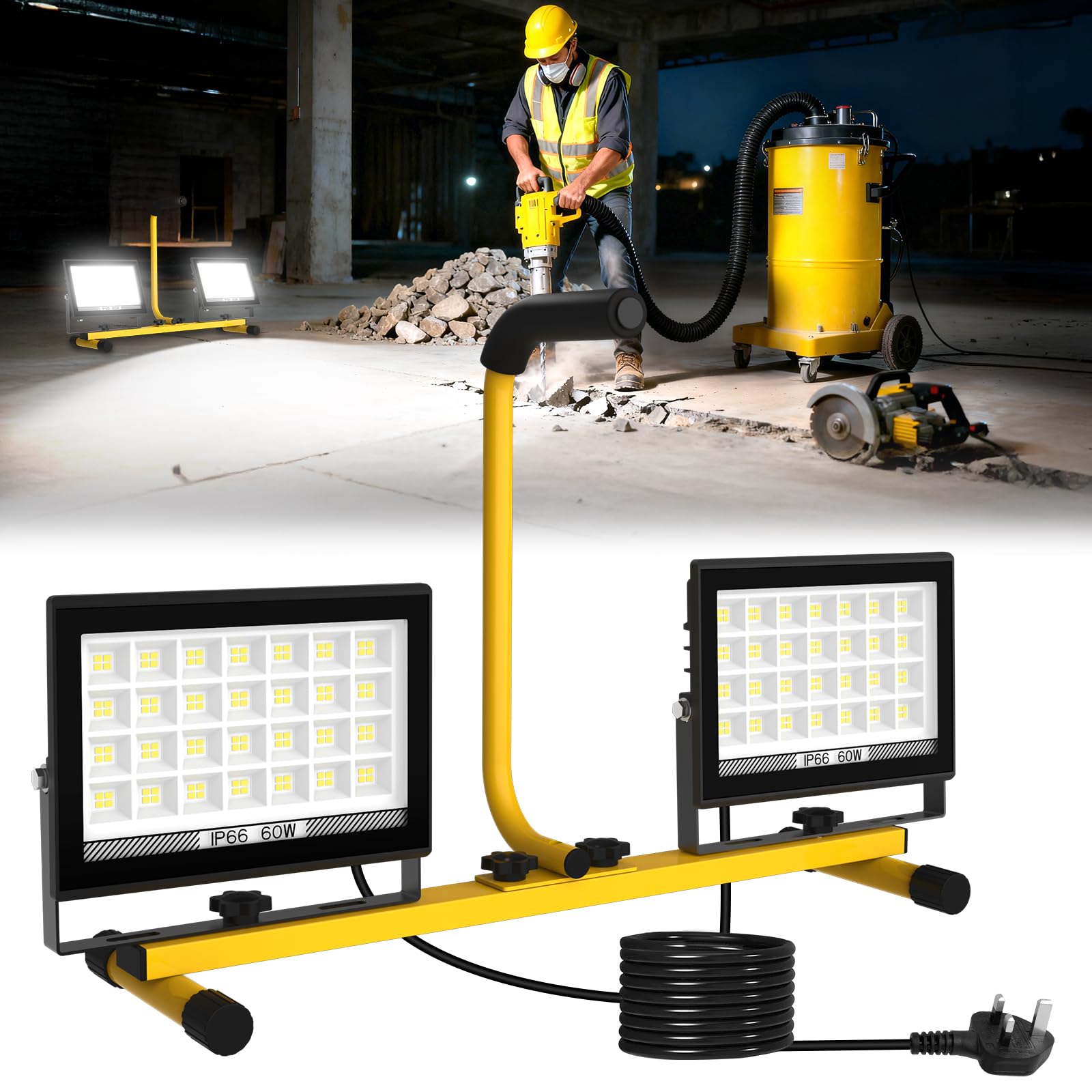 LED Work Light with Tripod 11000LM with Handle, 2 Adjustable Heads, 13FT Power Cable IP66 Waterproof Site Light, Portable Stand Floodlight for Job Site, Outdoor, Garage, Workshop.