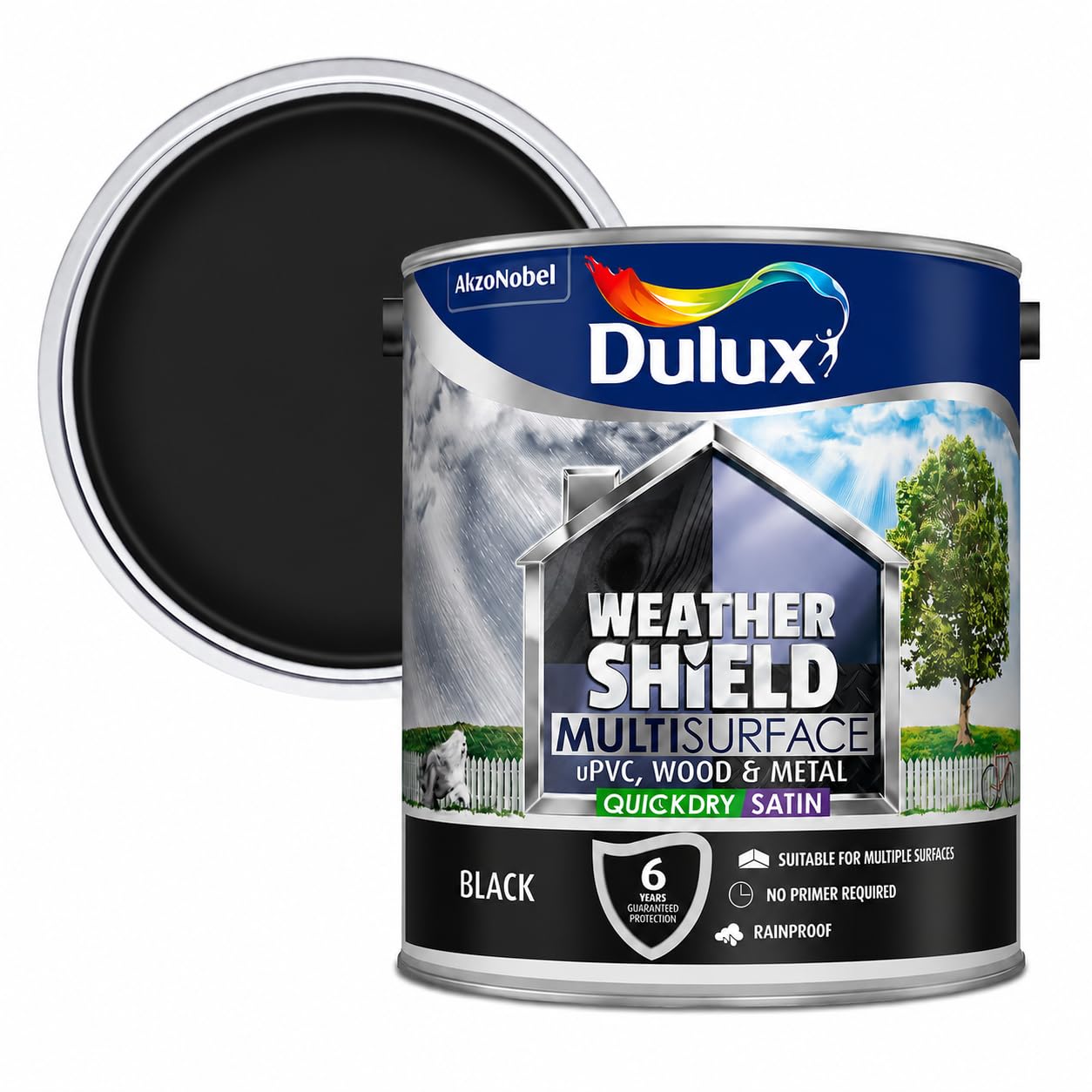 Black Weathershield Multi Surface Satin Paint 2.5L | Exterior uPVC Wood and Metal Paint | Quick Dry Mid Sheen Finish | Weatherproof Paint for Doors Windows Garage Doors and Trim
