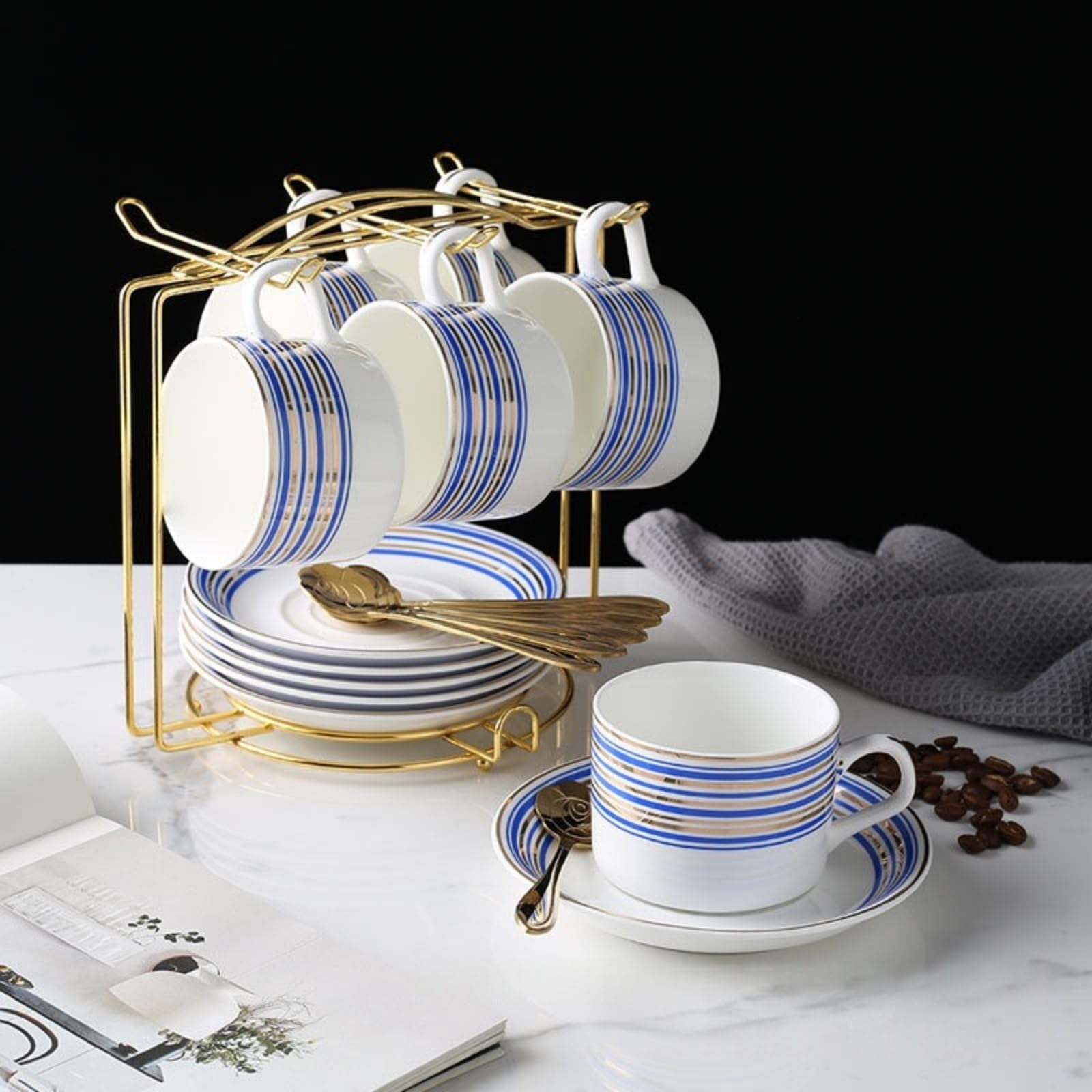 cappuccino tassen set Tassen & Untertassen von 6 (150 ml), Luxus-Teetasse Set, Kaffeetasse mit Henkel, britischer Königlicher Porzellan Tassen (Blauer Streifen)