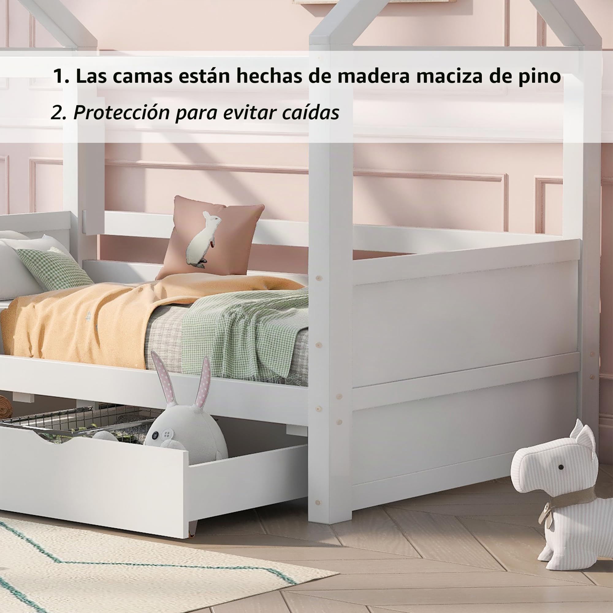 Cama infantil de 160 x 80 cm con protección anticaídas, versátil de madera maciza para niños, con ventana y somier, color blanco