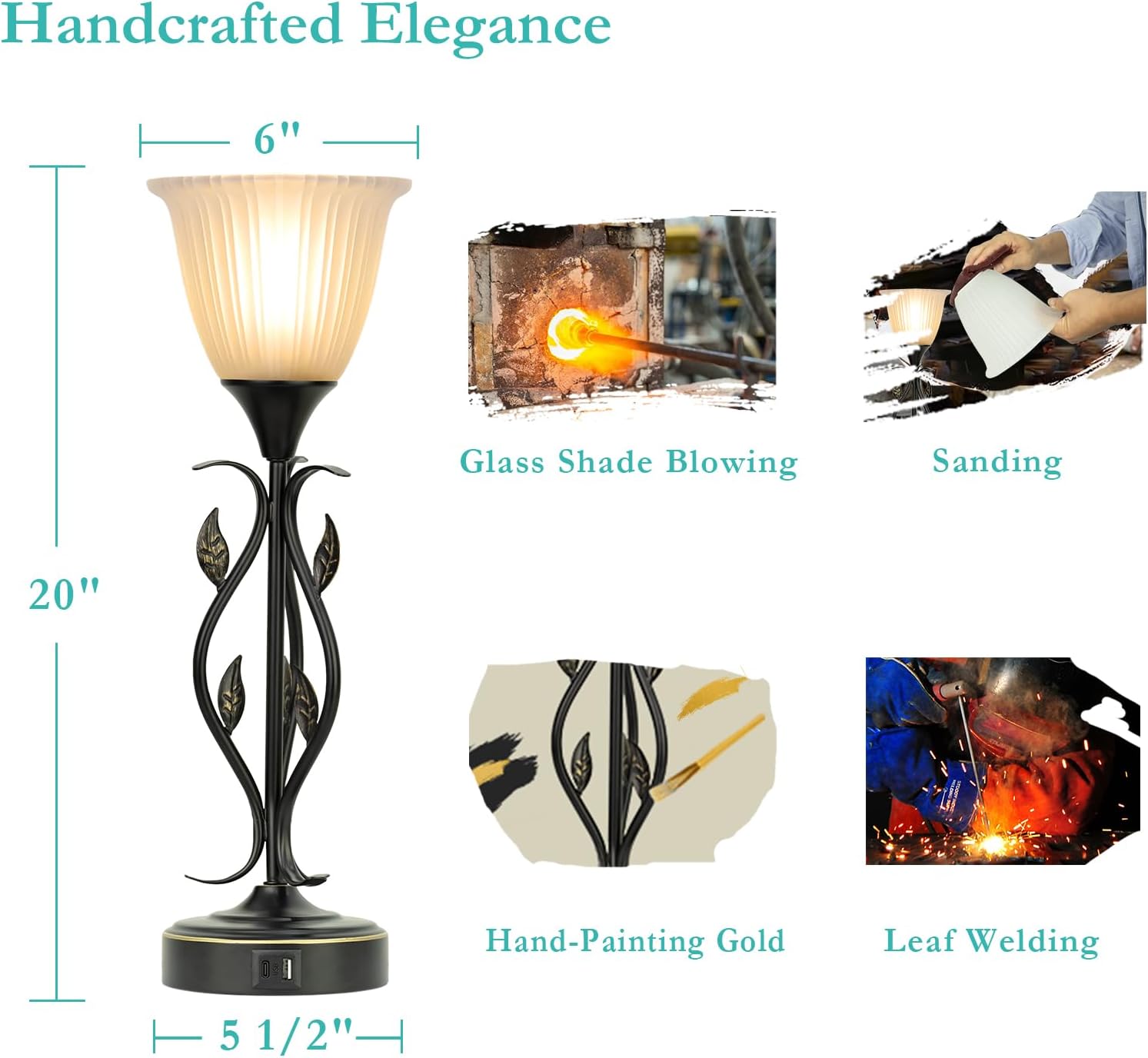 Bedside Lamps Set of 2, Torchiere Lamps for Night Stands with Dual USB Charging Ports, 3 Way Touch Nightstand Lamps with Rustic Vines Leaf and Glass Shade Table Lamp for Living Room, LED Bulb Included