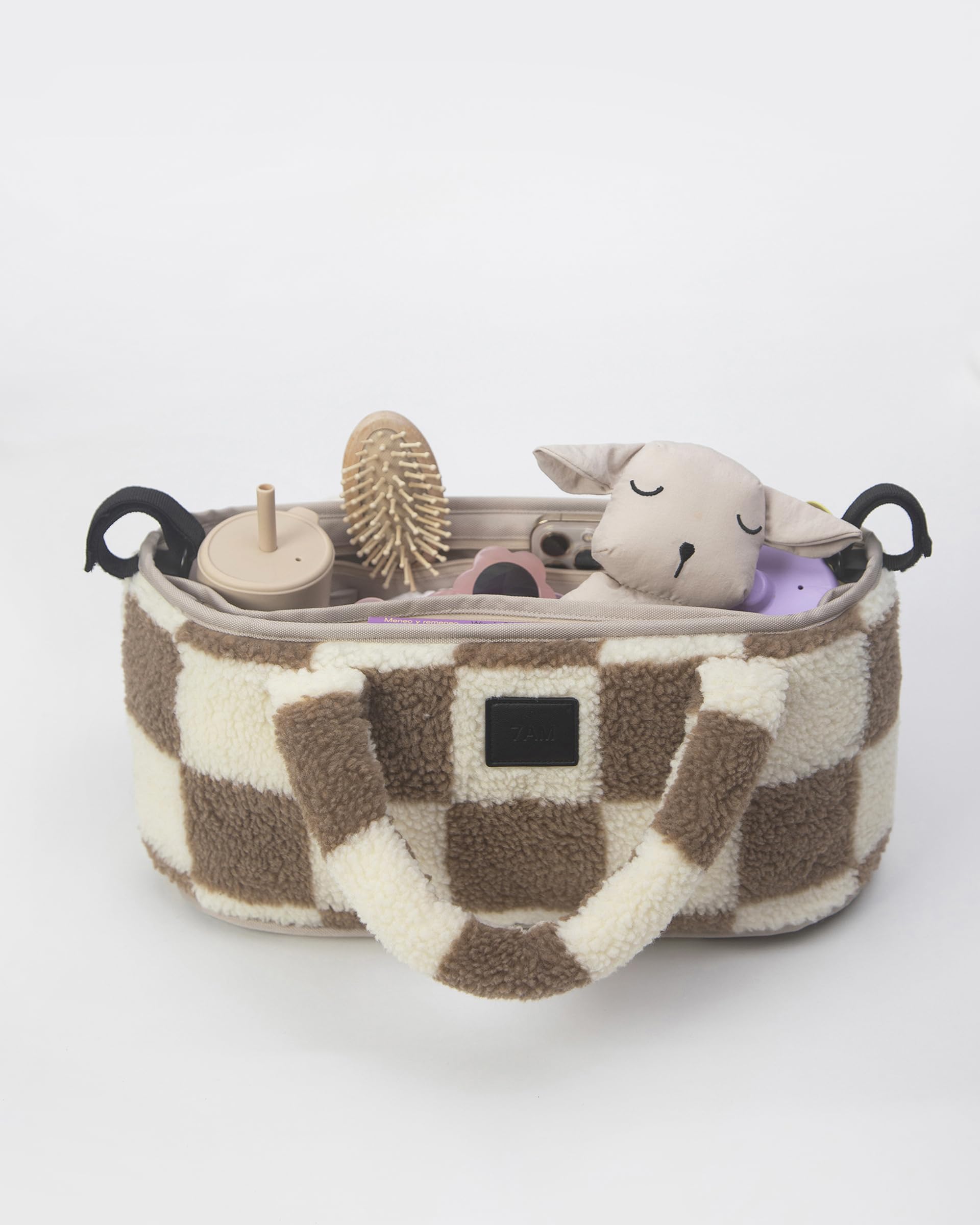 7AM Sac de rangement universel pour poussette – Poignées supérieures, panier de poussette avec porte-gobelet, 3 compartiments ouverts, sangles de poussette réglables et poche | (Imprimer Dames Tan)