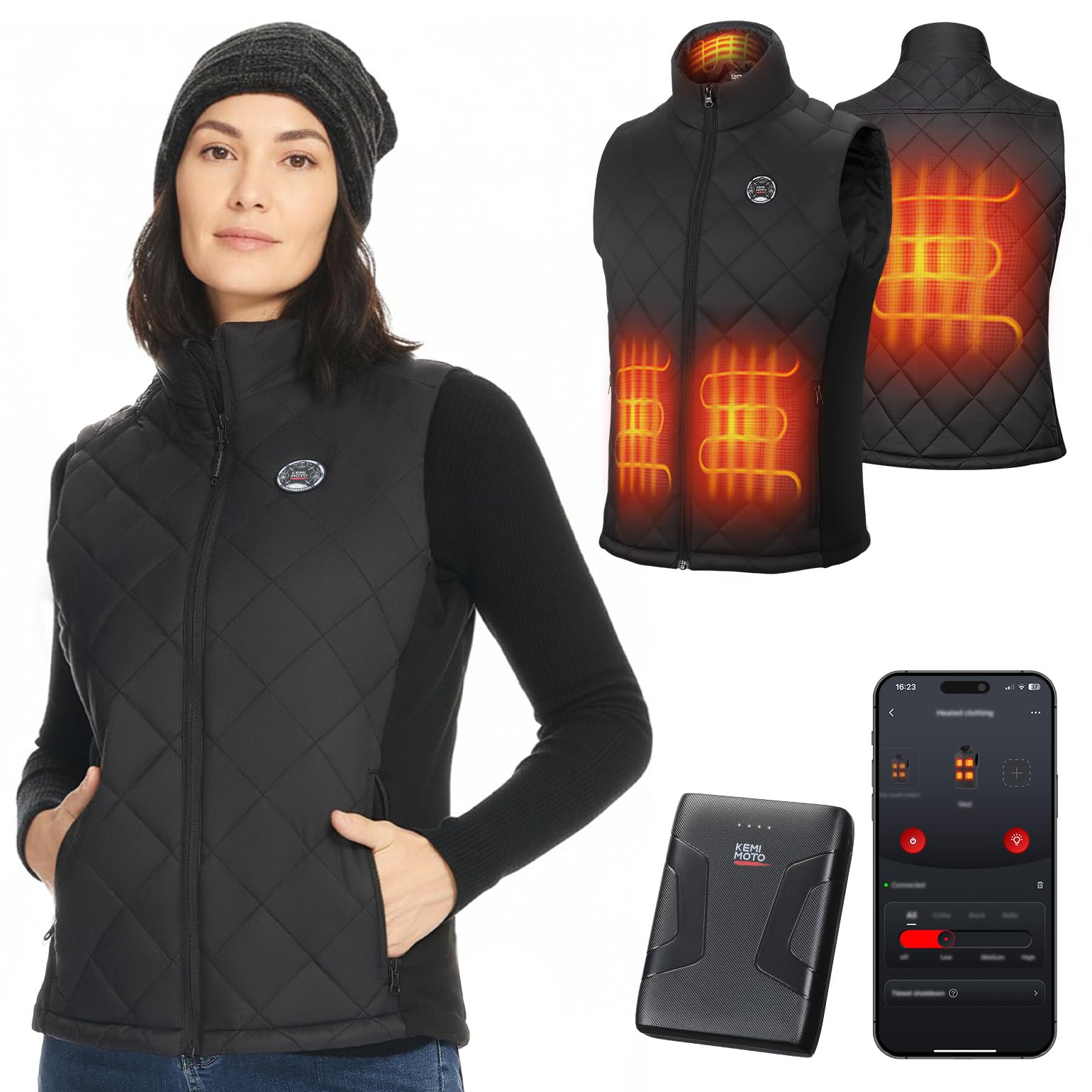 KEMIMOTO Chaleco Calefactable Mujer con Control APP, Control independiente, Chaleco Térmico Corte Elegante y Ajustado Batería 10000 mAh, 4 Zonas Calefactora Pesca Senderismo