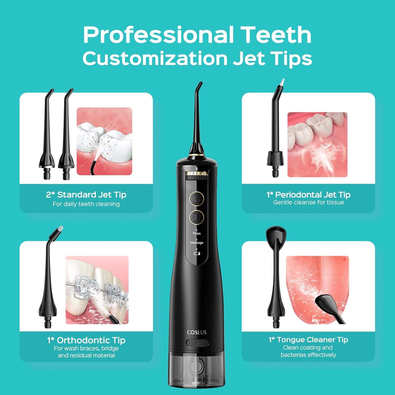 COSLUS Water Portable Flosser for Teeth: Electric Flosser for Braces, Sensitive Teeth, Gums - Advanced 10 Pressure Settings for Multiple Users, Cordless for Travel, MDL, BPA-Free, Black, E40(WFP14) - Image 9