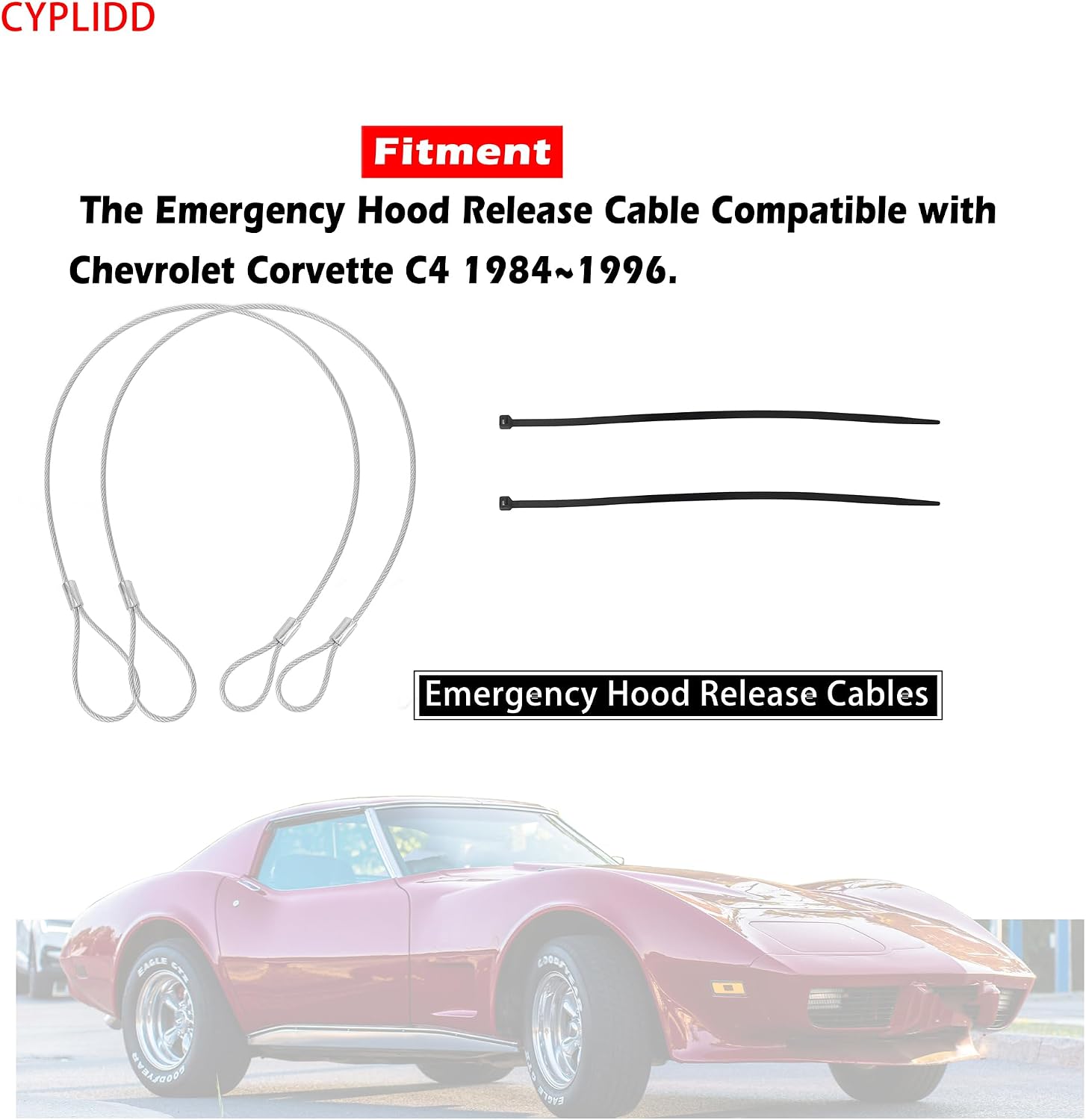 2pcs Emergency Hood Release Cables Compatible with Chevrolet Corvette C4 1984-1996 Replaces RP604802