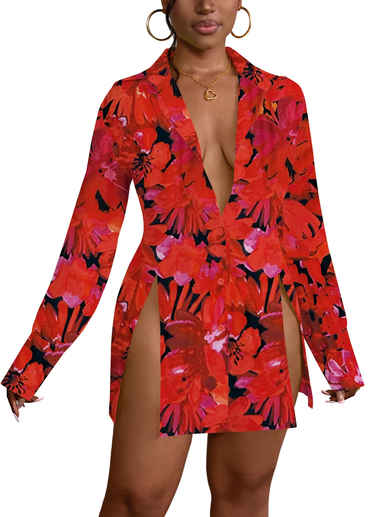 LYANER Women's Button Down Shirt Dress Collar V Neck Long Sleeve Slit Sexy Shirt Dresses