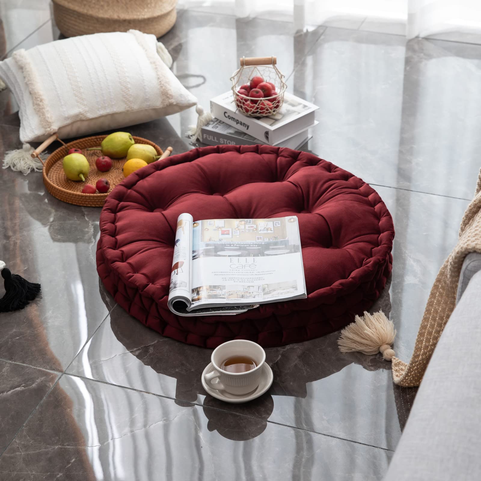 Cojínes De Suelo Redondo Color SóLido Terciopelo Holandés Cojín De Piso Grande para Adultos Sala De Estar Dormitorio Aula Meditación De Yoga Al Aire Libre CojíN De Suelo Grande,Rojo,60cm