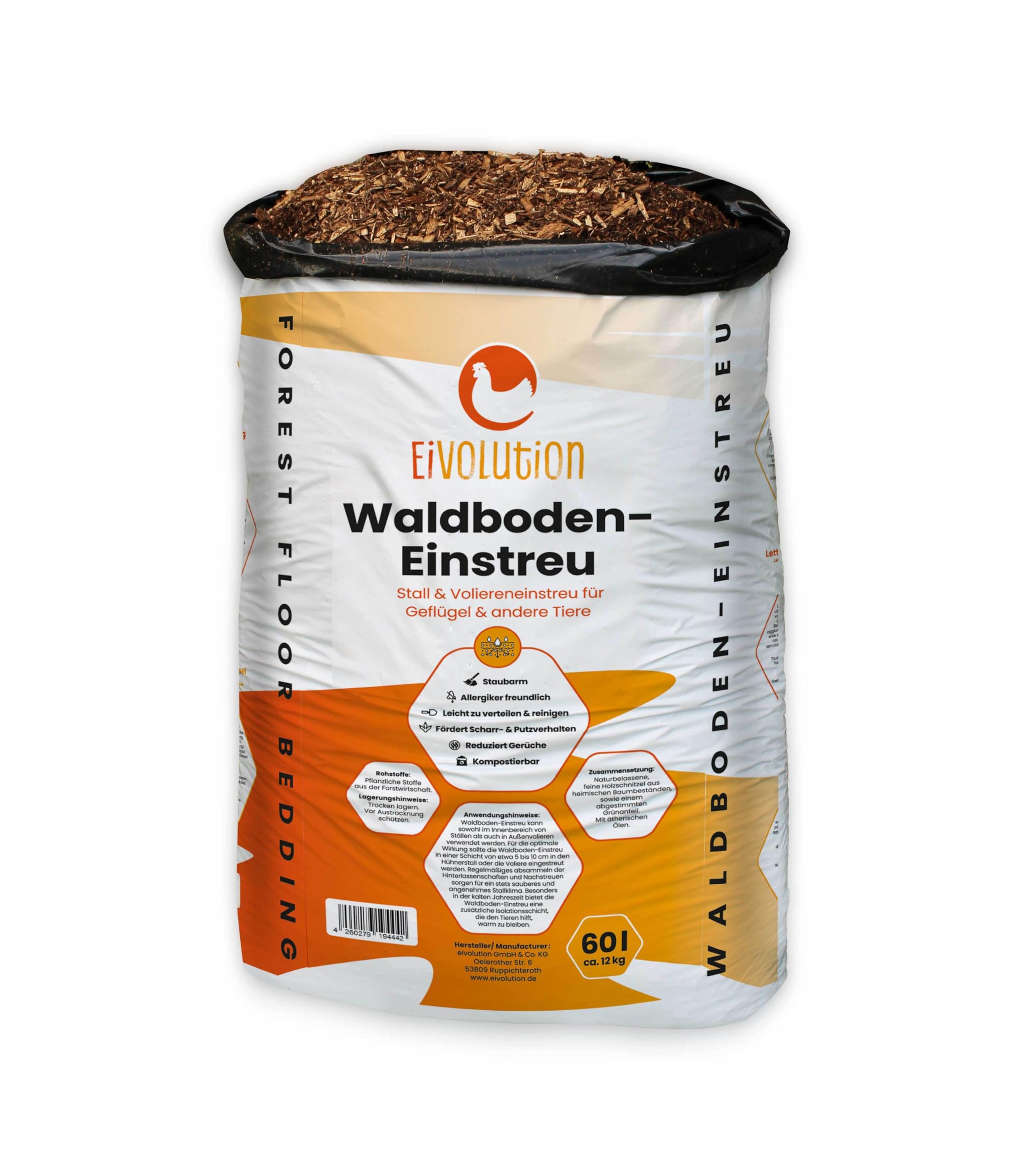 eivolution Waldboden-Einstreu 60L Kaninchen Hühner - Staubfrei, Kompostierbar & Geruchsbindung