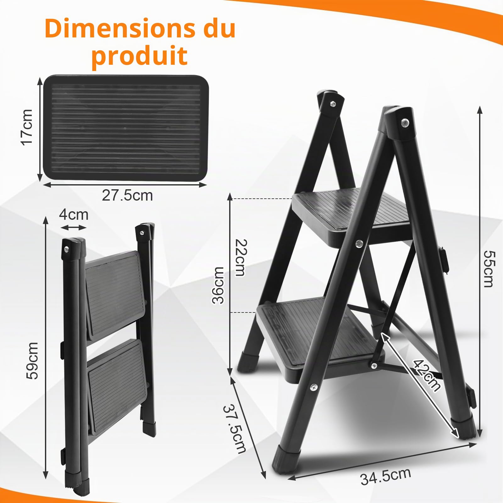 Escabeau 2 Marches, Marche Pied Pliable avec Pédales Élargies et Pieds Antidérapants, Échelle Marchepied Robuste pour Maison, Cuisine, Bureau, Intérieur, Extérieur, Noir