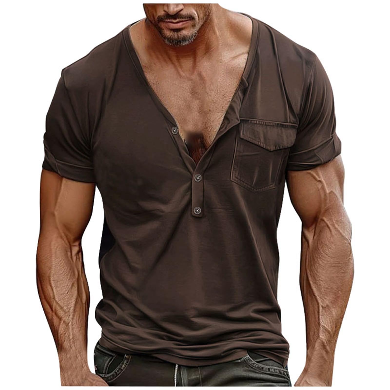 Generic Camisas Manga Larga Hombre con Hebilla Informal de Verano para Hombre, Talla grande, Cuello en V, Bolsillo Lote Camisetas Hombre