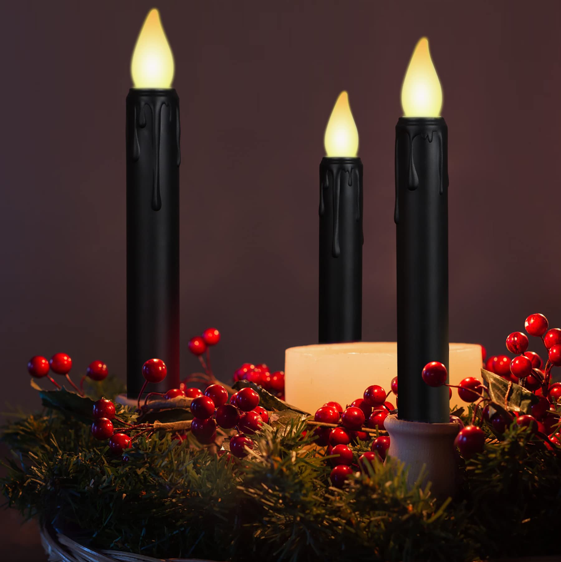 AiiBowy Led-kaarsen, set van 6, vlamloze kaarsen, 24 uur timerfunctie met afstandsbediening, werkt op batterijen met 3D-vlam, led-raamkaarsen, led- staafkaarsen, woondecoratie, kerstfeest, zwart