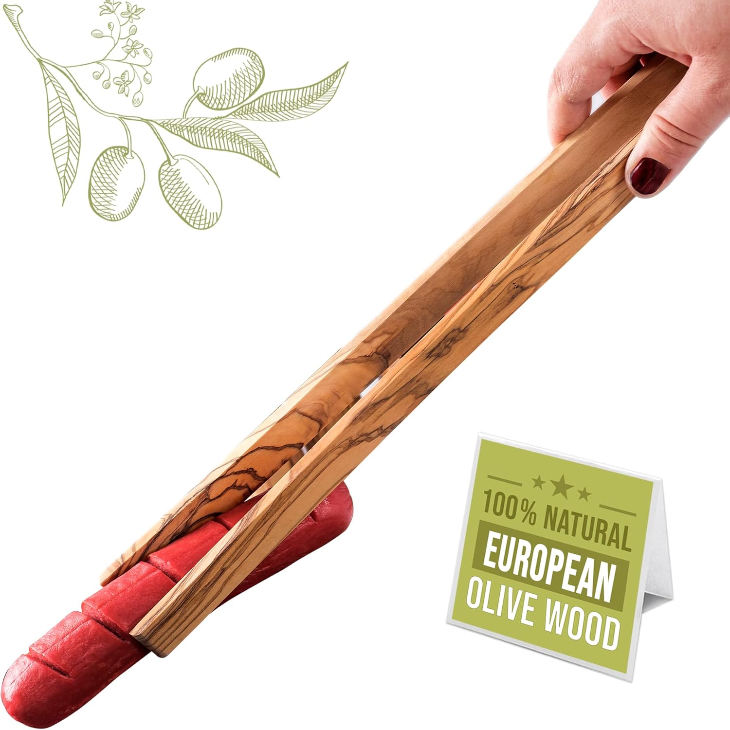 CRYSTALIA Wooden Tongs for Serving, Cooking, Toast and BBQ, 100 Natural Olive Wood