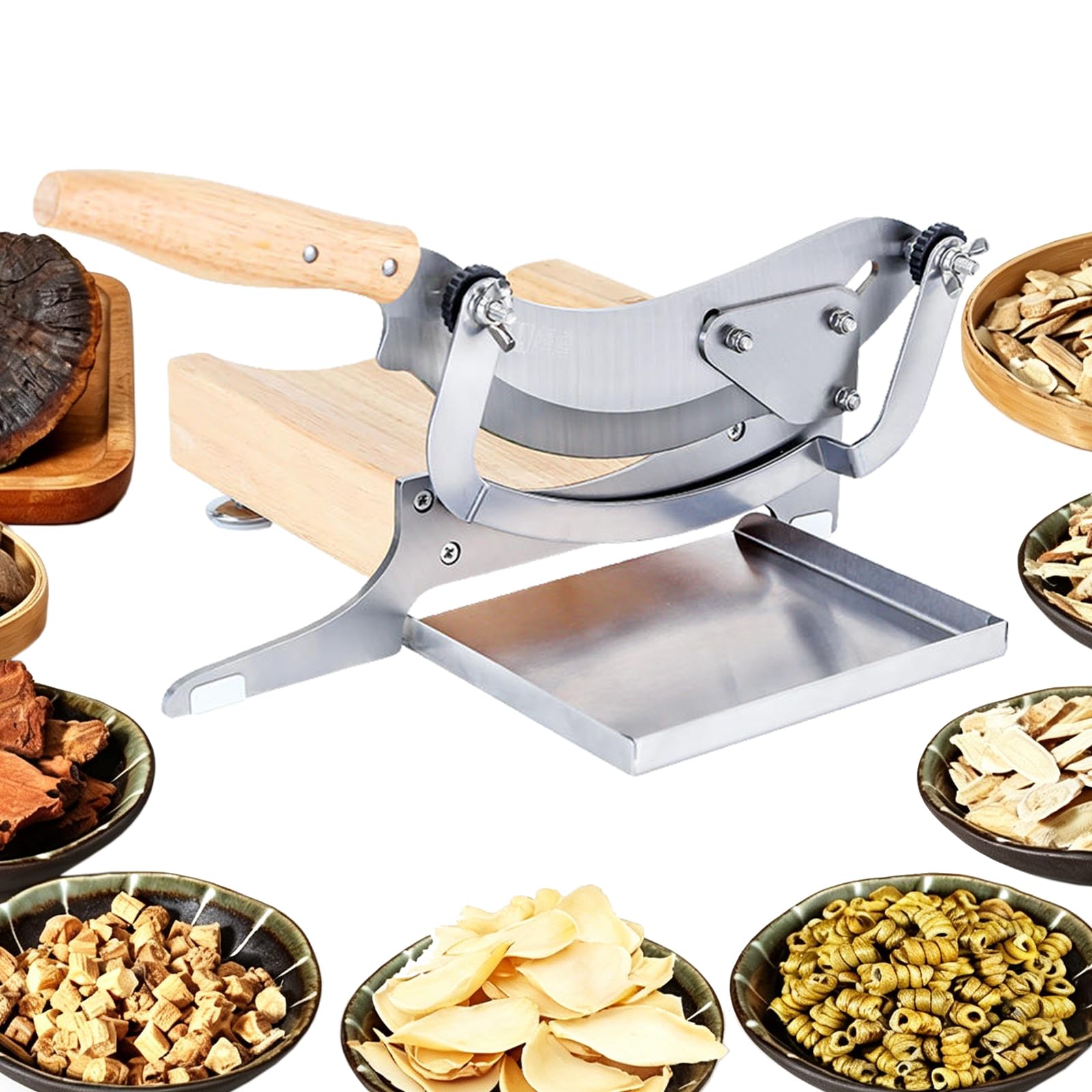 Ręczna krajalnica do medycyny chińskiej i suszonego mięsa (Beef Jerky), krajalnica do Biltongu, z drewnianą podstawą; urządzenie do krojenia ziół i korzeni. Silver,36cm