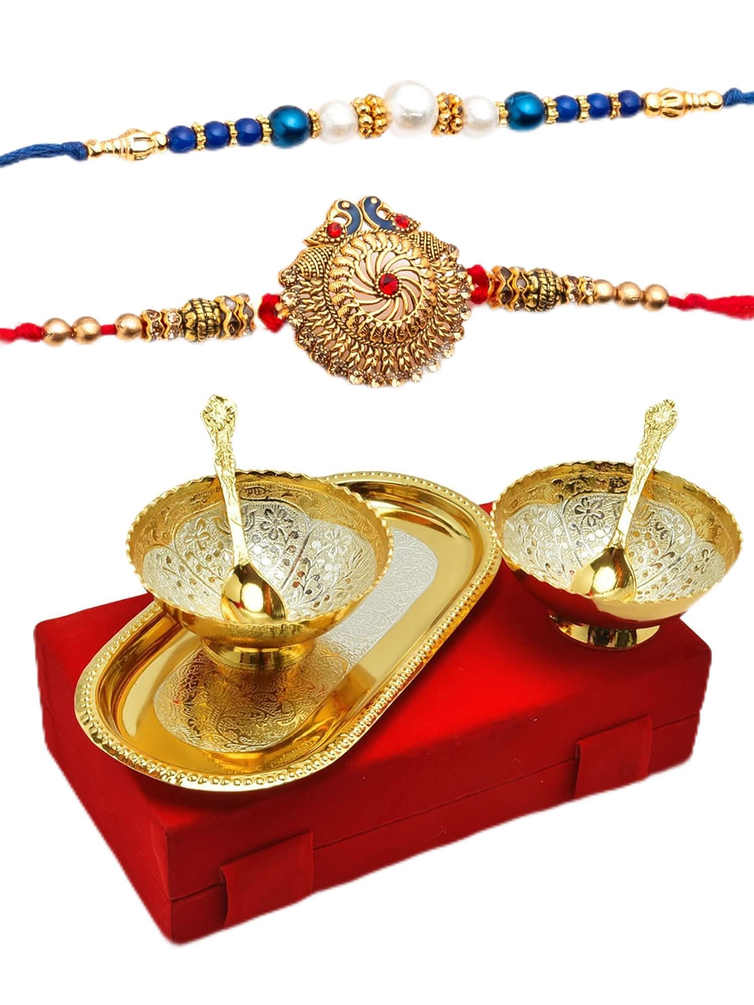 Premium Rakhi Gift Brother | Rakhi for Brother with Gift Silver Gold Plated Bowl Set | Handmade Beads Metal Peacock Rakhi for Bro/Brother/Bhaiya/Bhai (2 Rakhi with Double Bowl) (Silver Gold) (B0B729XJPN) Amazon Price History, Amazon Price Tracker