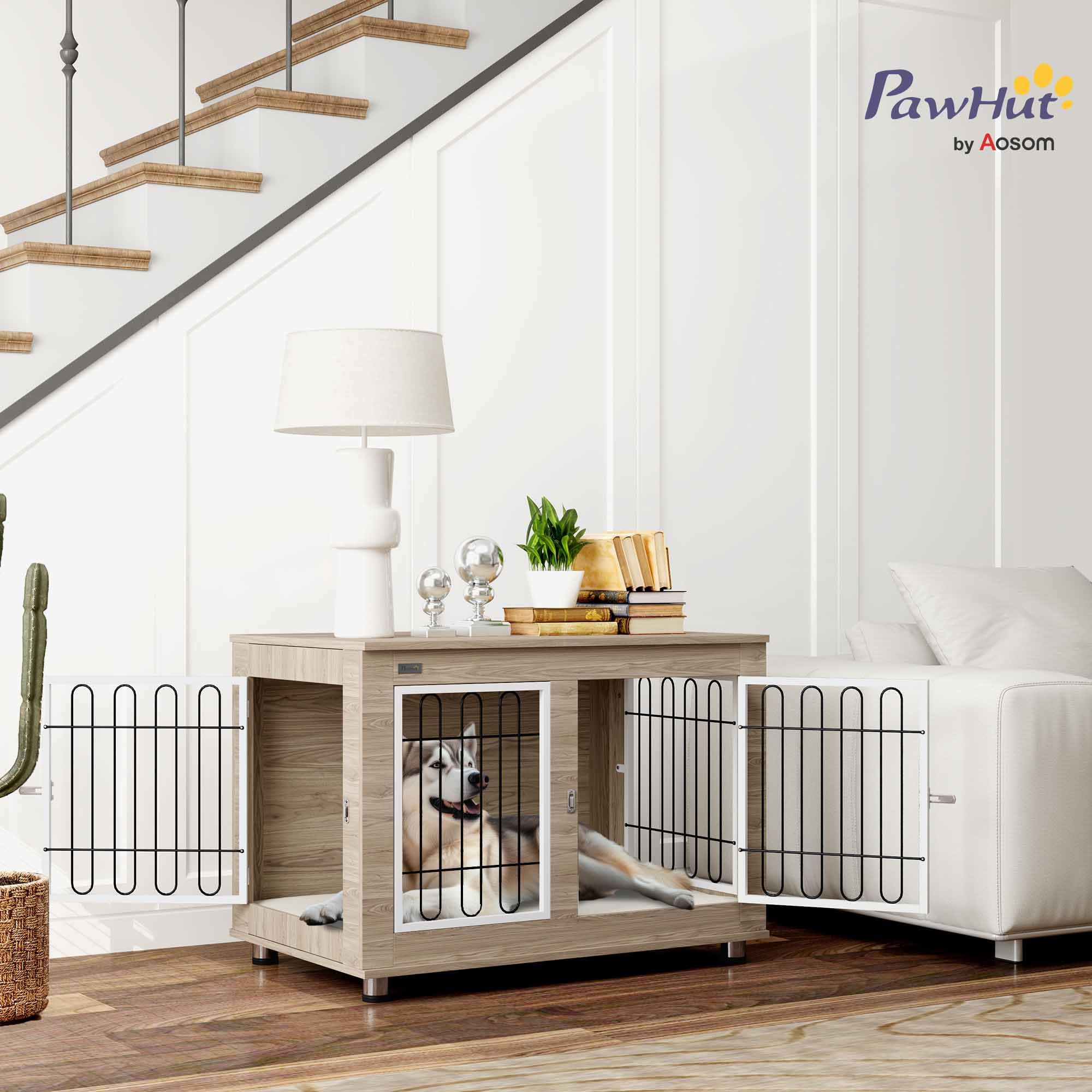 PawHut - Jaula para perro, mueble de jaula para perro, interior, mesa auxiliar multiusos con doble puerta y cojín, para perro, tamaño mediano y grande, 90 x 58 x 65 cm, aspecto nogal