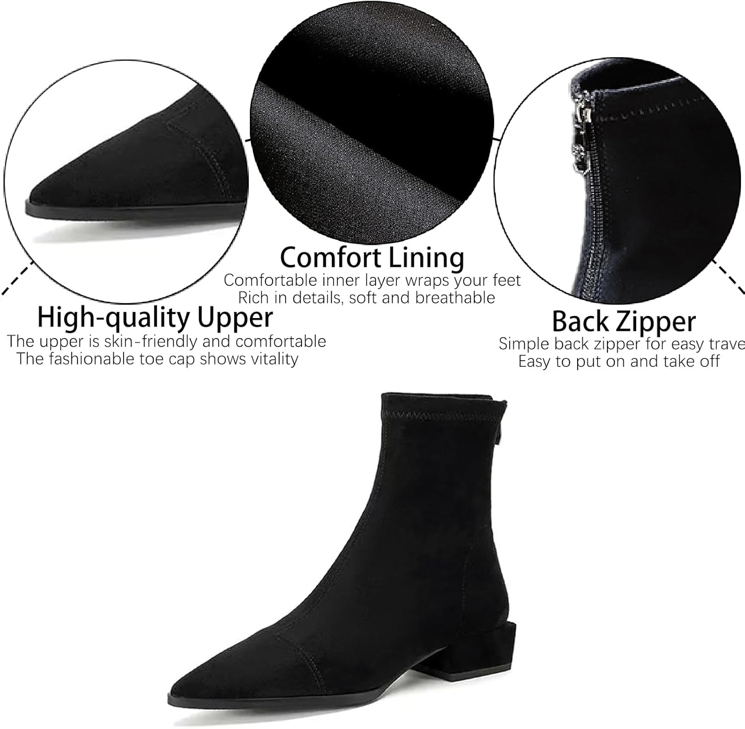 Women's Suede Chunky Heel Ankle Boots with Back Zipper Retro Comfortable Pointed Toe Low Heel Short Bootie Fall Winter Daily Casual Dress Boots - Image 4